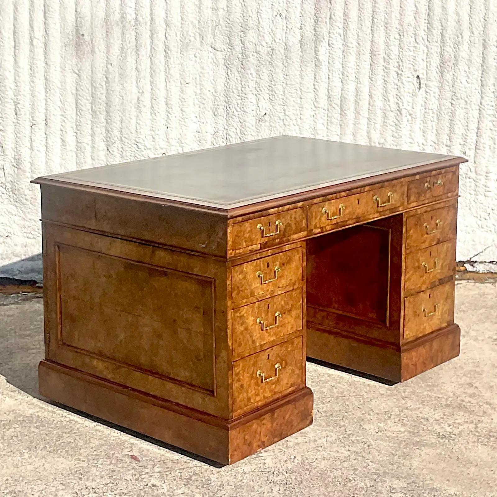 Vintage Boho Lever of London Burl Wood Partners Desk For Sale 1