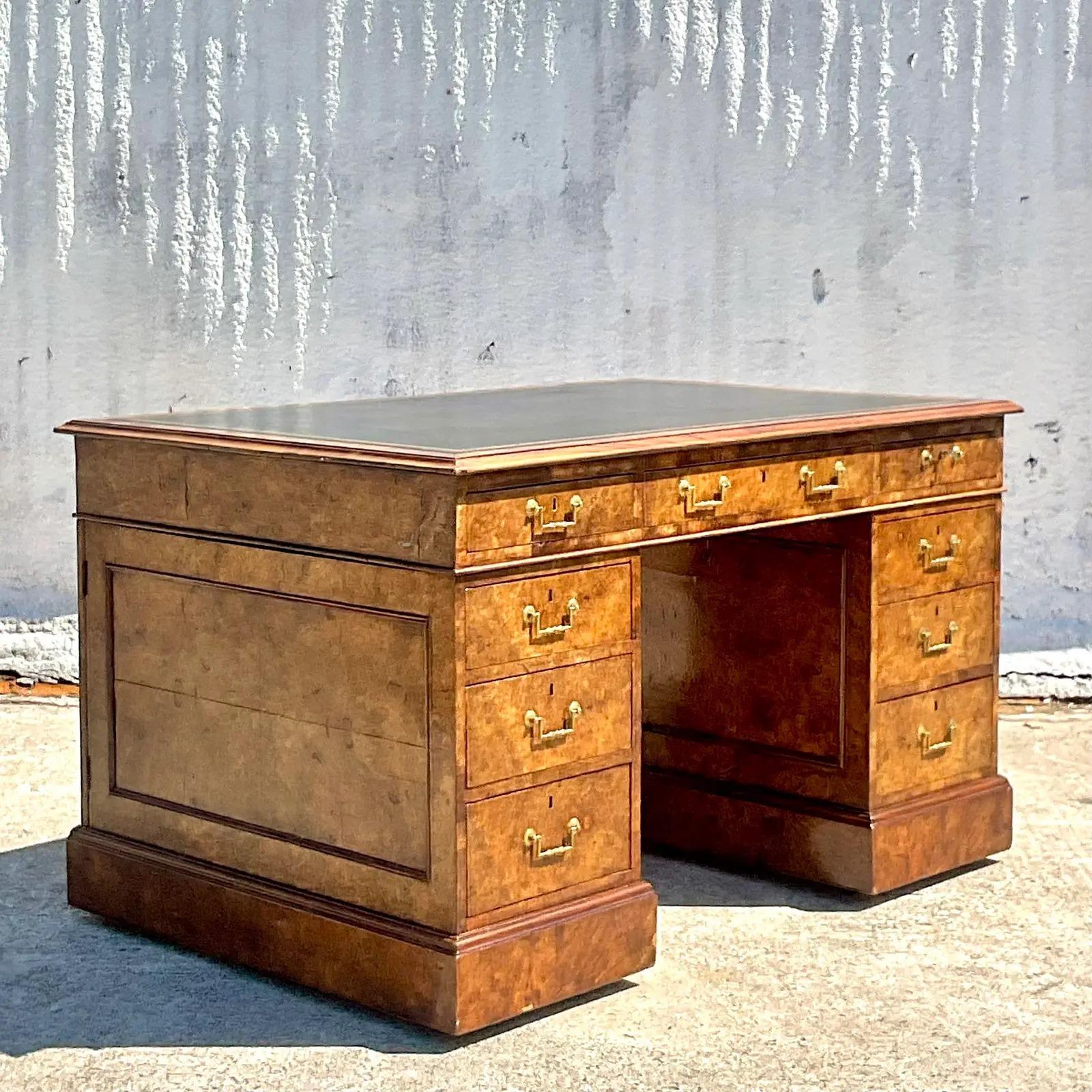 Vintage Boho Lever of London Burl Wood Partners Desk In Good Condition For Sale In west palm beach, FL