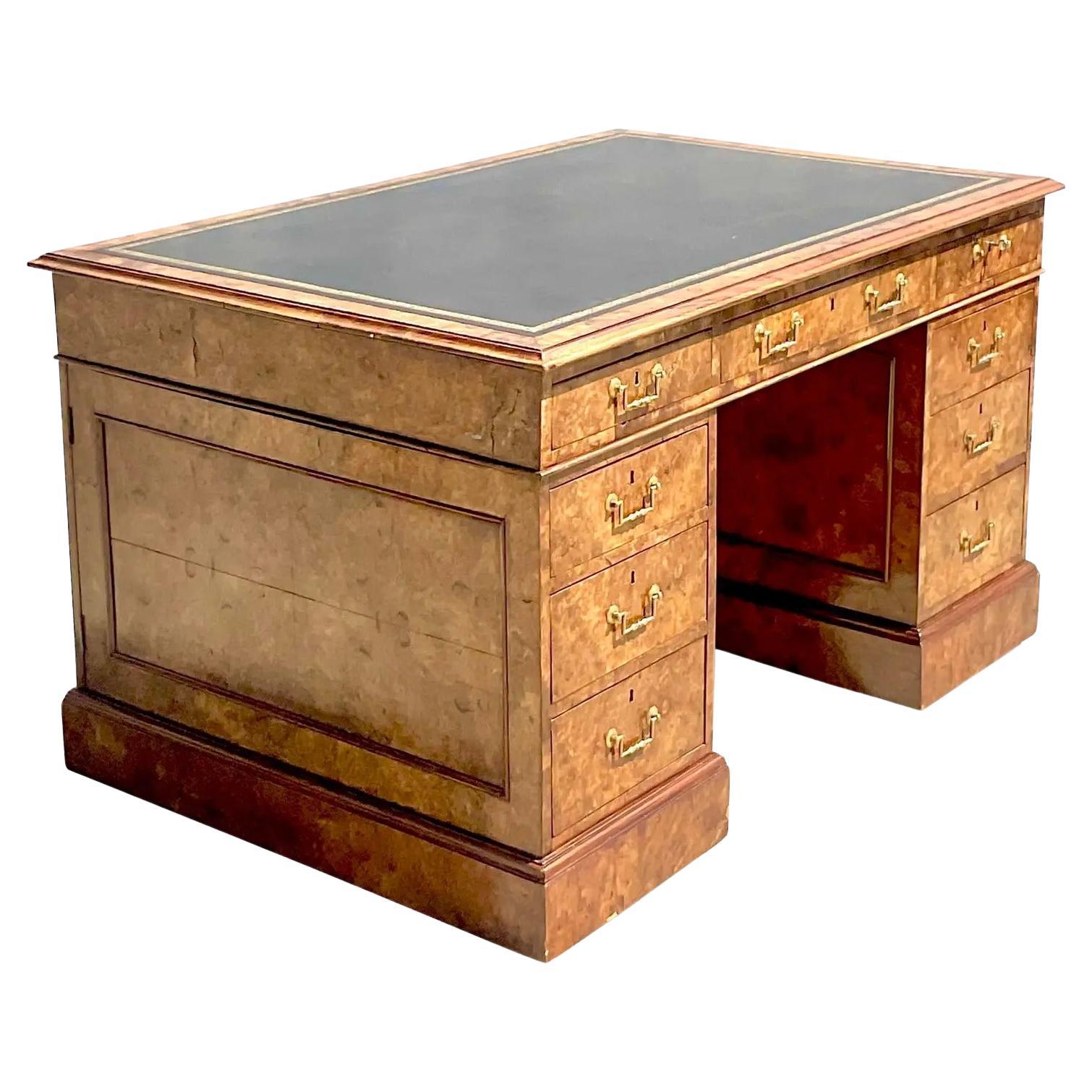 Vintage Boho Lever of London Burl Wood Partners Desk For Sale