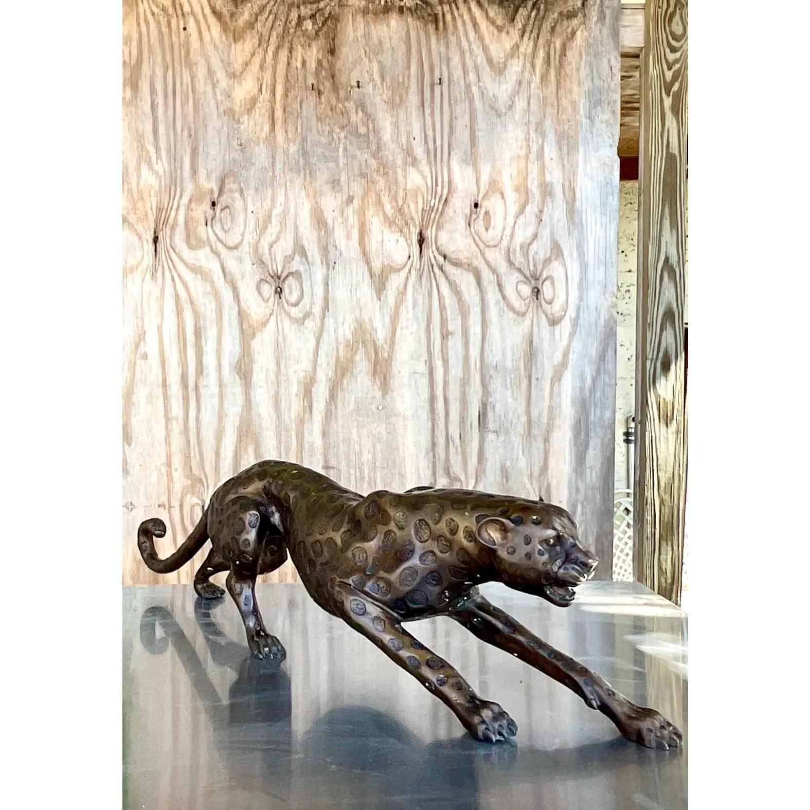 Vintage Boho Life Size Bronze Cheetah Sculpture In Good Condition In West Palm Beach, FL