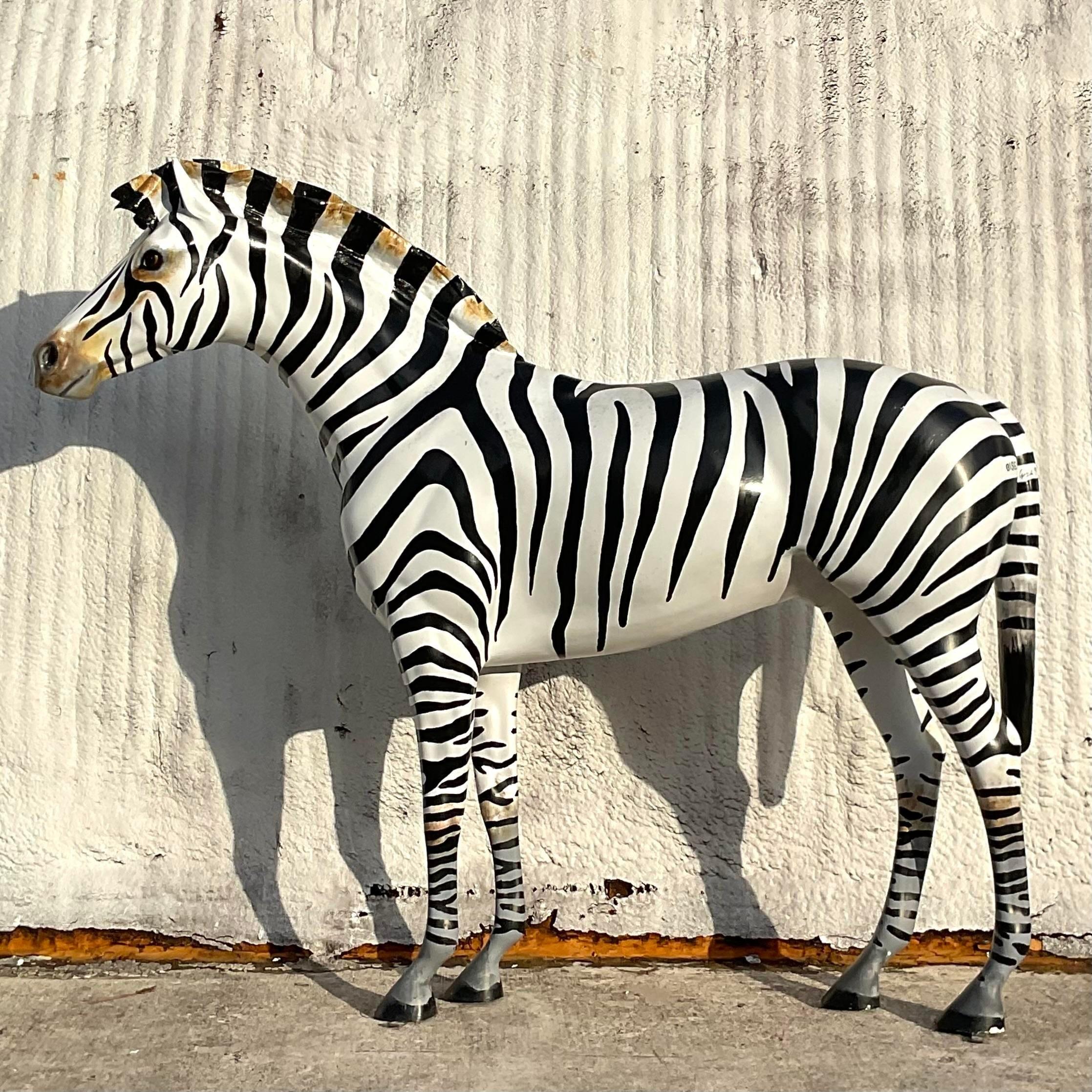 American Vintage Boho Life Size Fiberglass Signed Zebra Sculpture For Sale