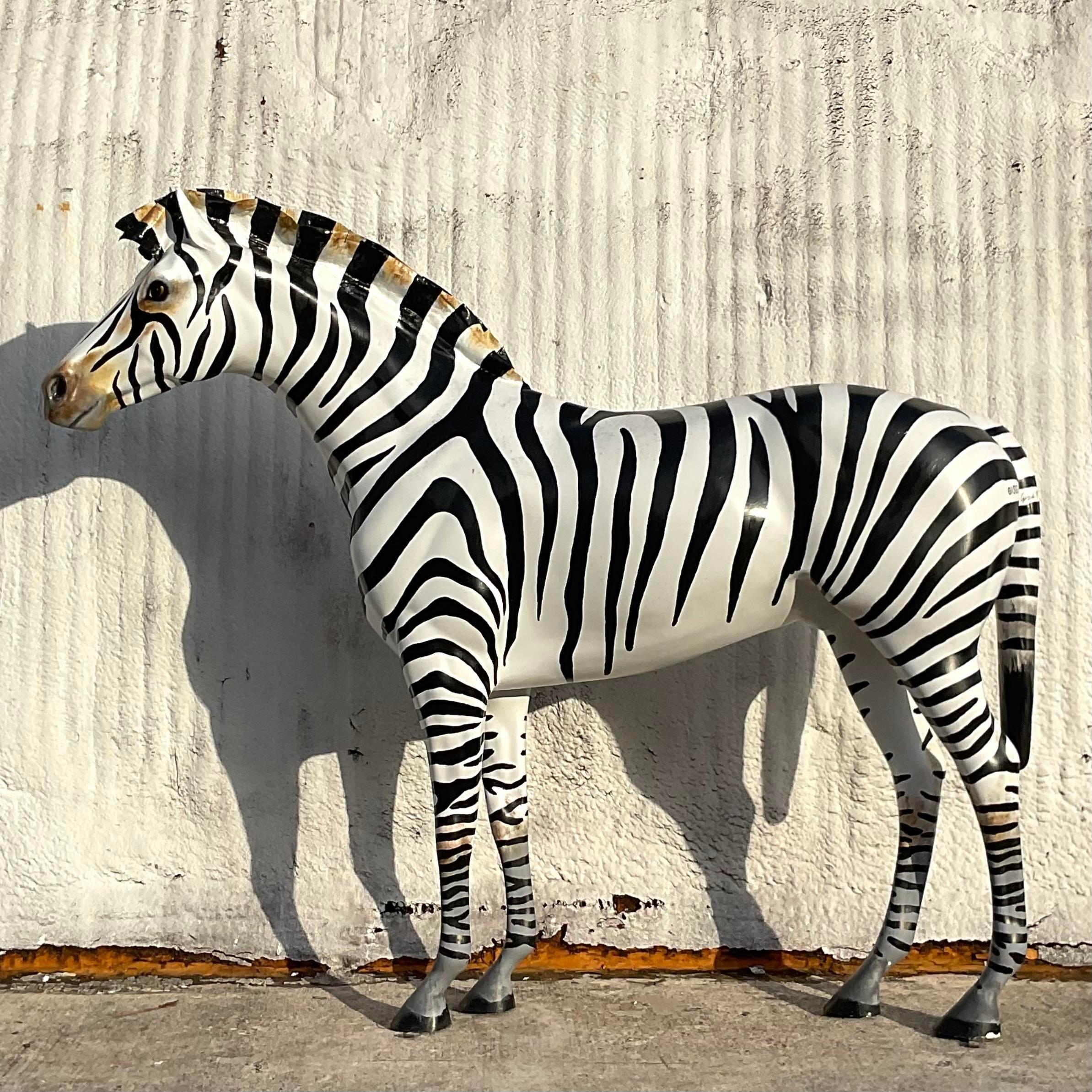 Vintage Boho Life Size Fiberglass Signed Zebra Sculpture In Good Condition For Sale In west palm beach, FL