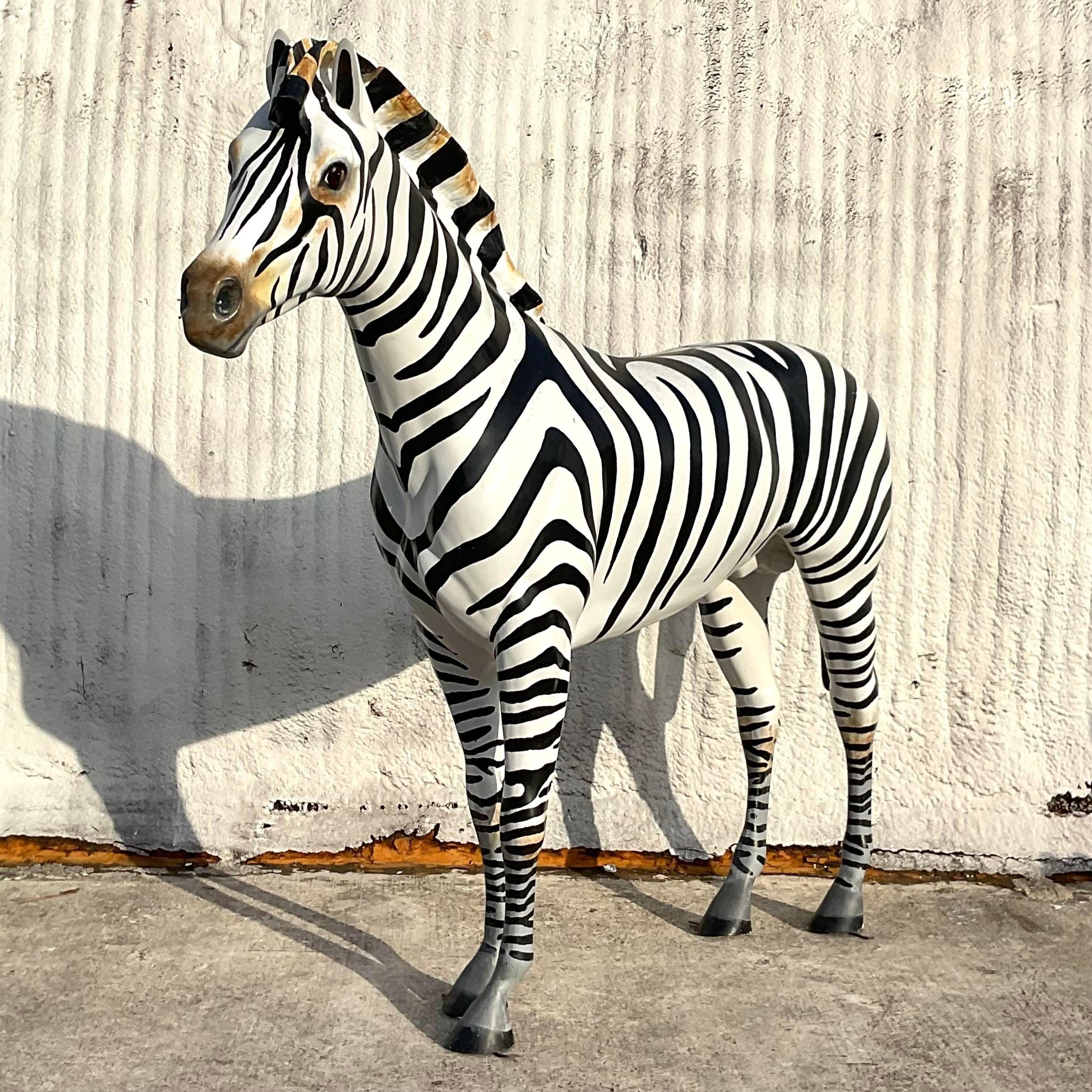 Contemporary Vintage Boho Life Size Fiberglass Signed Zebra Sculpture For Sale