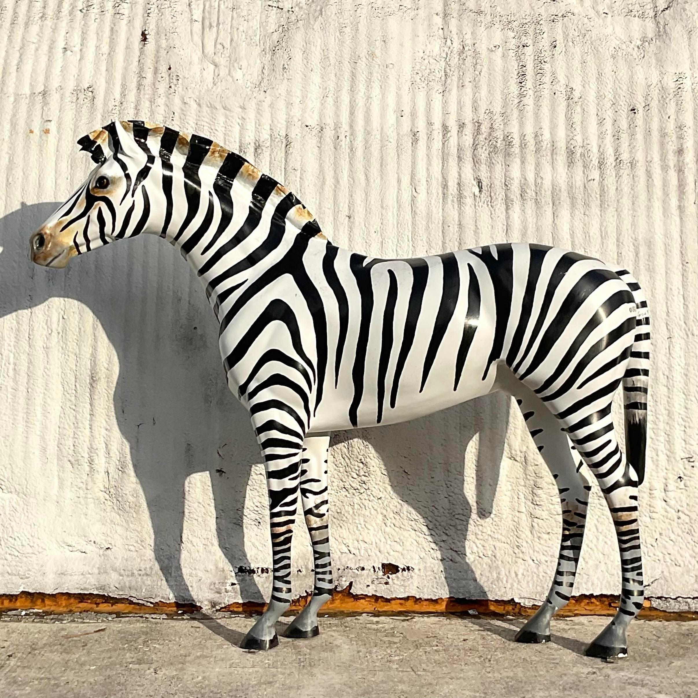 Vintage Boho Life Size Fiberglass Signed Zebra Sculpture For Sale 1