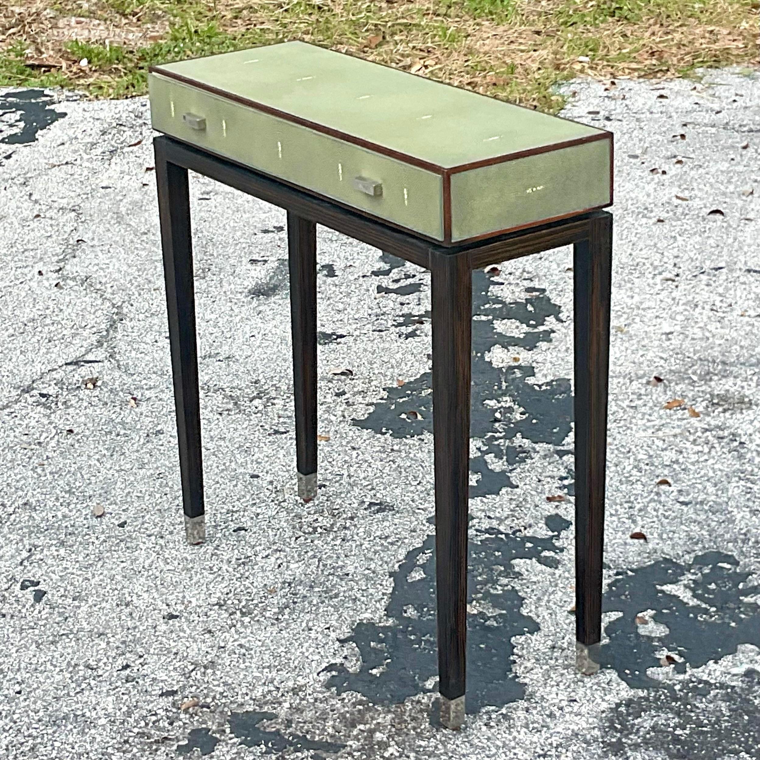 Vintage Boho Lillian August for Hickory White Faux Shagreen Console Table 1