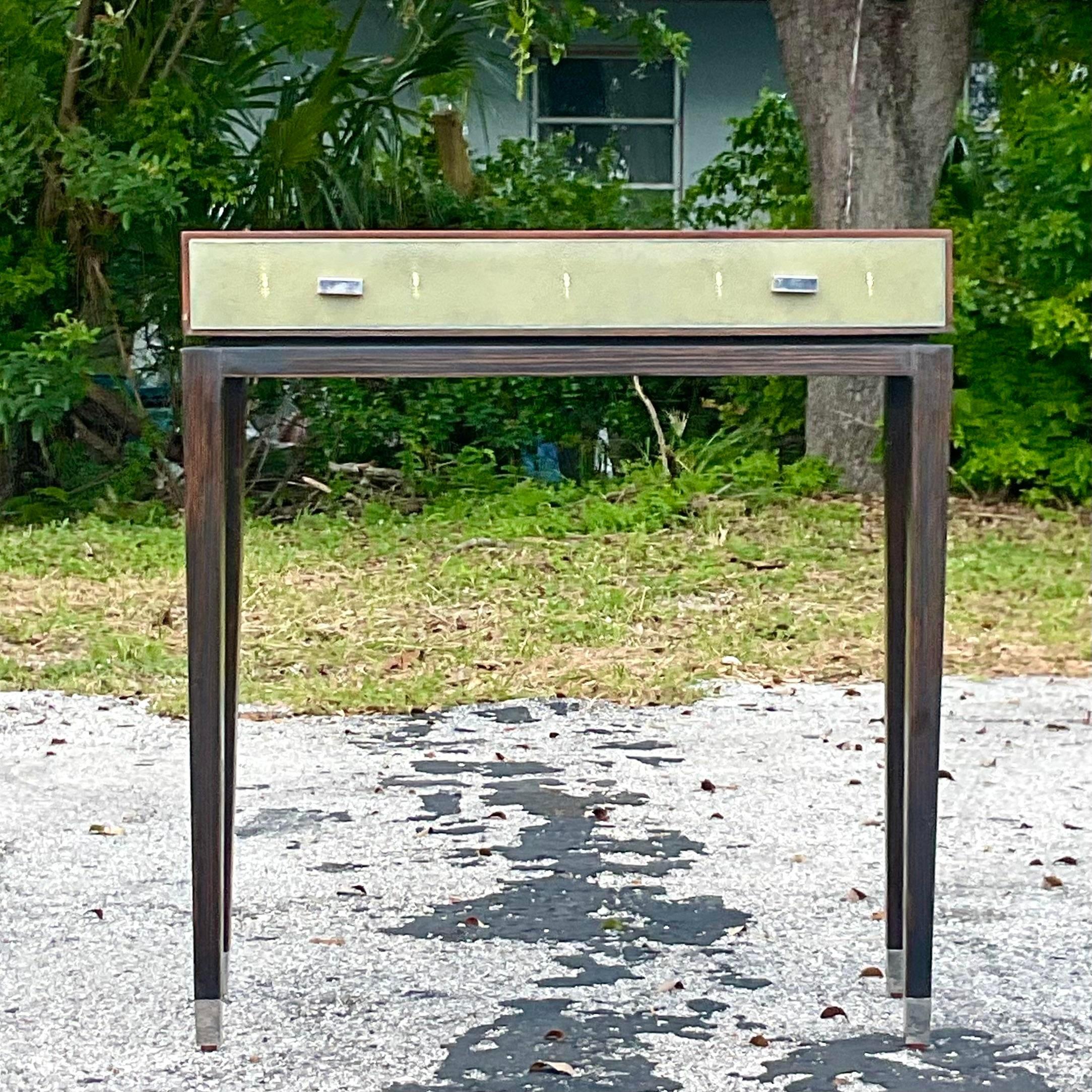 Vintage Boho Lillian August for Hickory White Faux Shagreen Console Table 2