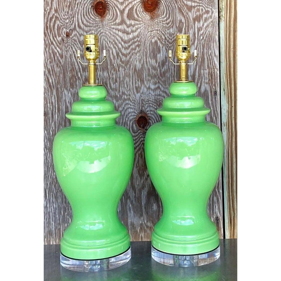 Mid-Century Modern Vintage Boho Lime Green Ceramic Ginger Jar Lamps - a Pair