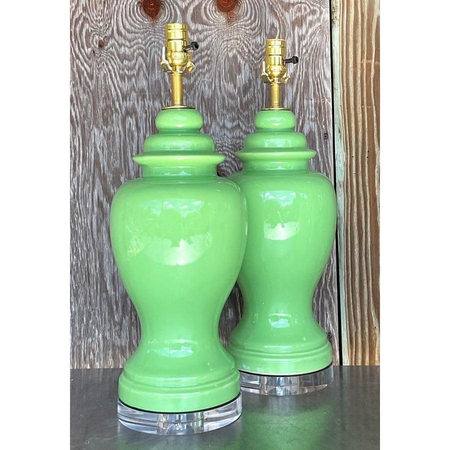 American Vintage Boho Lime Green Ceramic Ginger Jar Lamps - a Pair