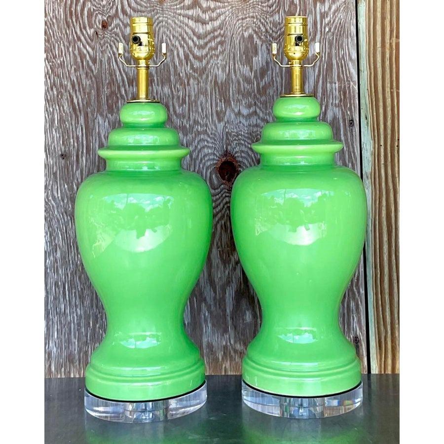 Vintage Boho Lime Green Ceramic Ginger Jar Lamps - a Pair In Good Condition In West Palm Beach, FL