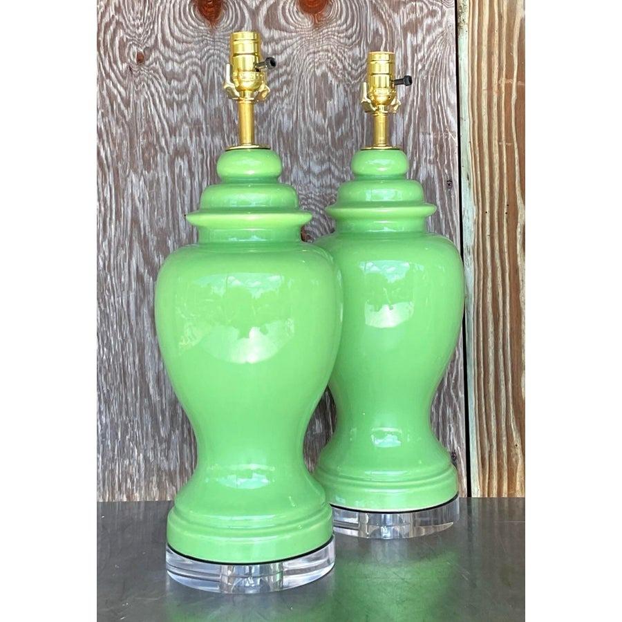 20th Century Vintage Boho Lime Green Ceramic Ginger Jar Lamps - a Pair