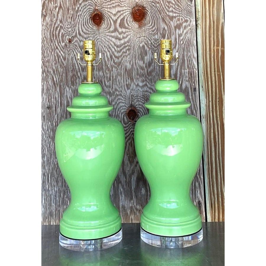Vintage Boho Lime Green Ceramic Ginger Jar Lamps - a Pair 1