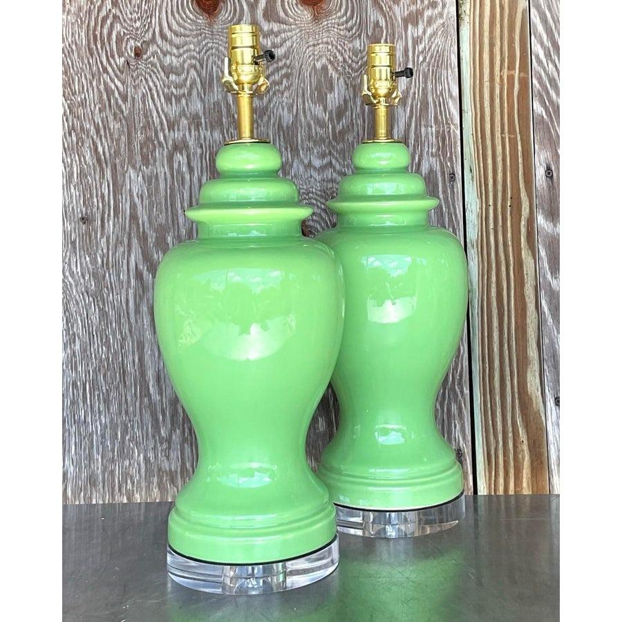 Vintage Boho Lime Green Ceramic Ginger Jar Lamps - a Pair 2