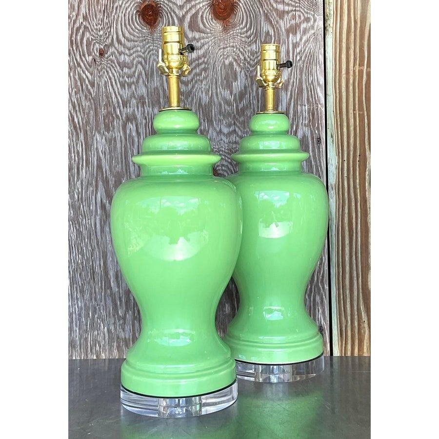Vintage Boho Lime Green Ceramic Ginger Jar Lamps - a Pair 3