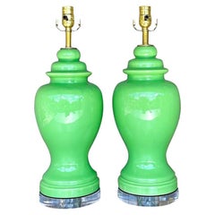 Vintage Boho Lime Green Ceramic Ginger Jar Lamps - a Pair