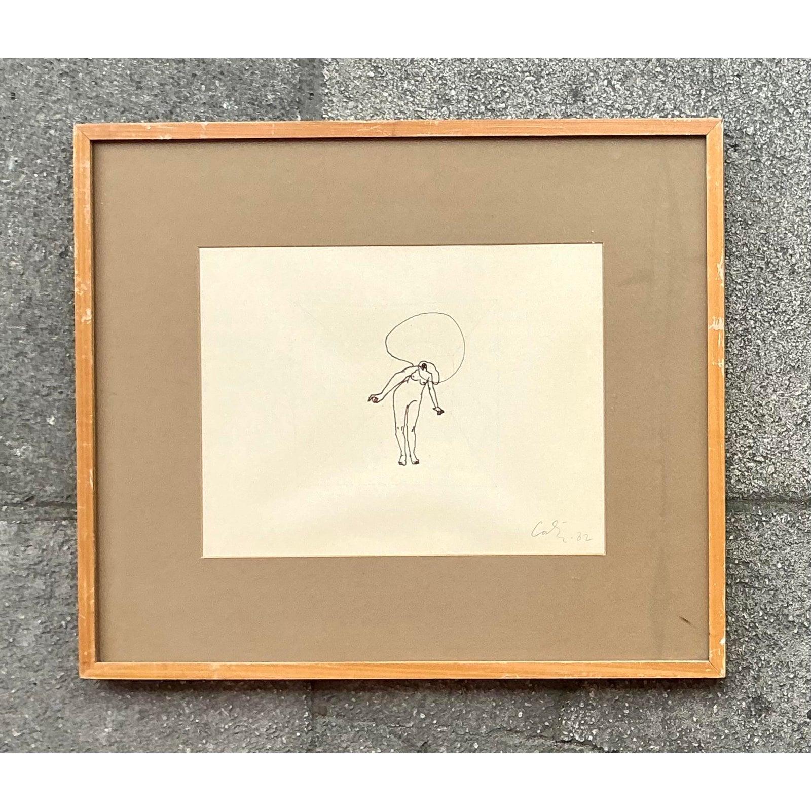 Entdecken Sie die stille Kraft des Minimalismus mit dieser fesselnden figurativen Linienzeichnung im Vintage-Stil. Diese mit einer selbstbewussten, einzeiligen Technik ausgeführten Tuschearbeiten auf Papier fangen das Wesen der menschlichen Form in
