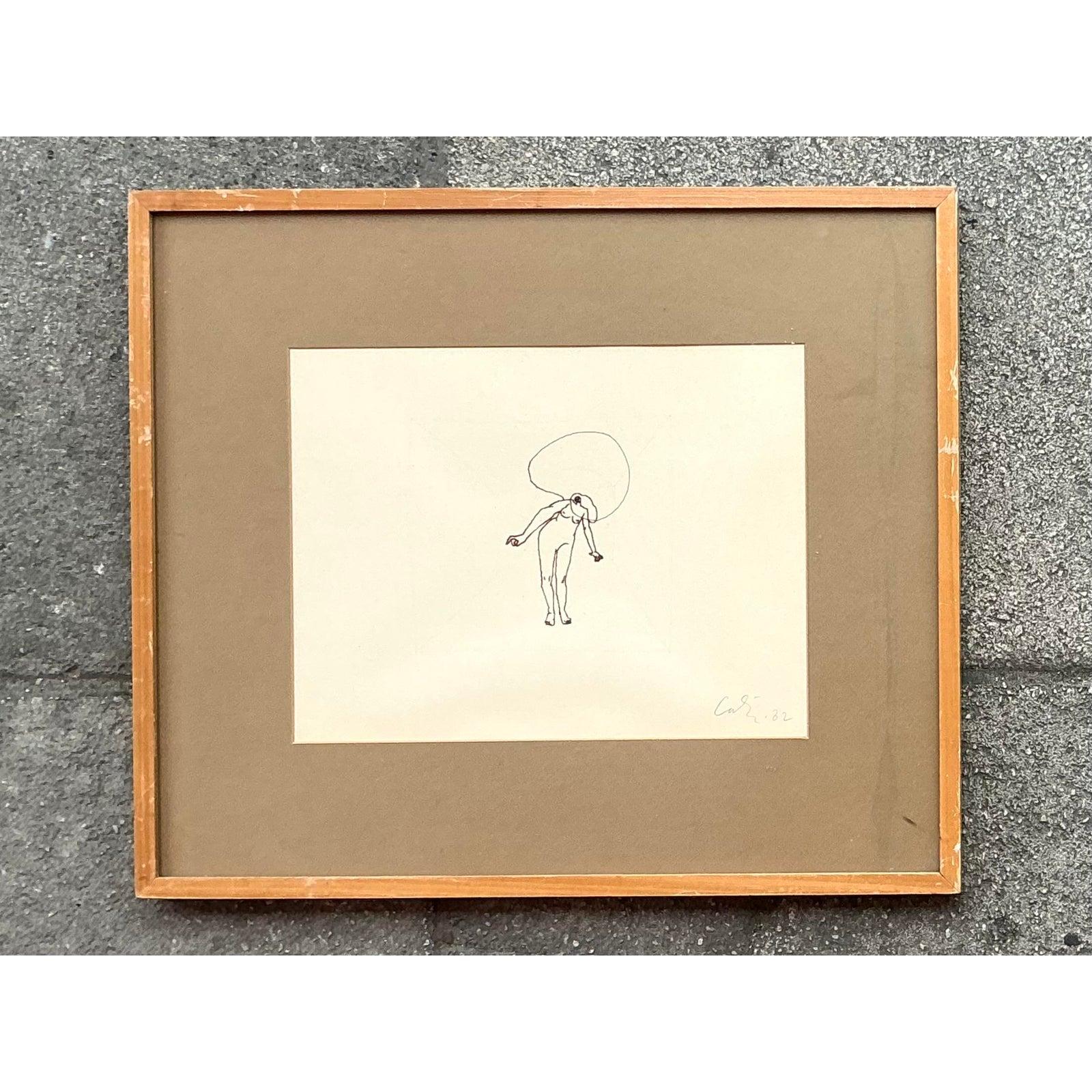 Vintage Boho Linie Zeichnung figurativ auf Papier (Minimalistisch) im Angebot