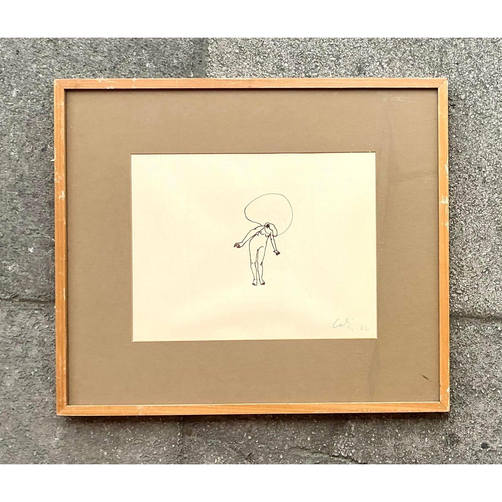 Vintage Boho Linie Zeichnung figurativ auf Papier (amerikanisch) im Angebot