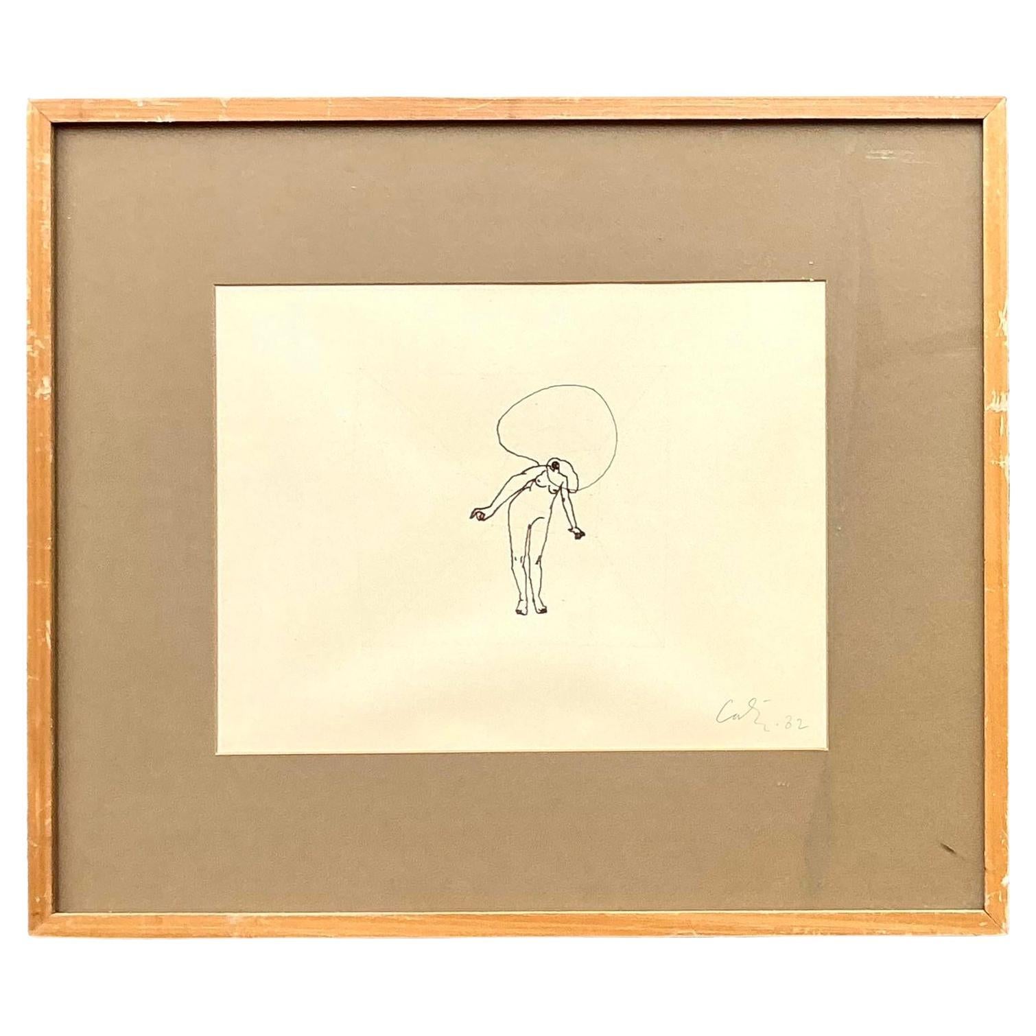 Vintage Boho Line Drawing Figurative on Paper