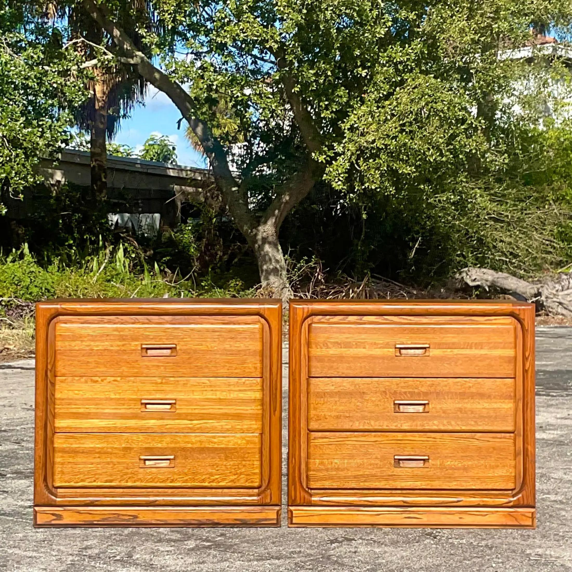 A striking pair of vintage Boho chest of drawers. Made by the Link Taylor group. Part of the “Malibu”:collection. Acquired from a Palm Beach estate. 
