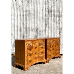 Vintage Boho Link Taylor Carved Shell Pine Chest of Drawers - a Pair