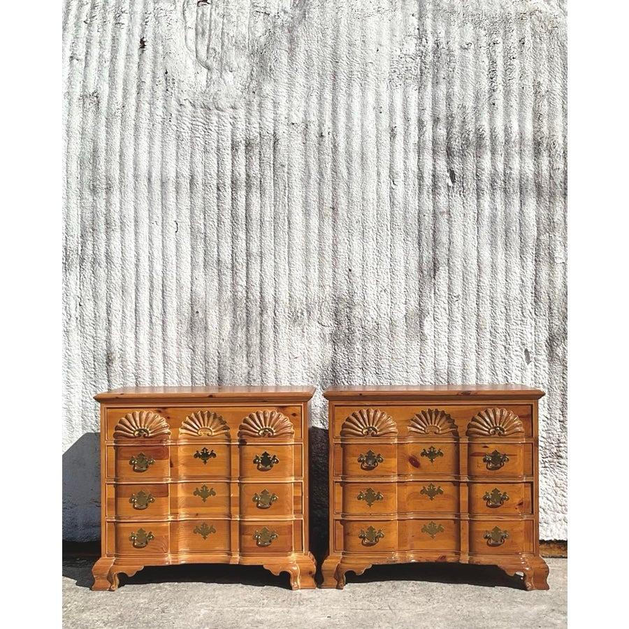 American Vintage Boho Link Taylor Carved Shell Pine Chest of Drawers - a Pair For Sale