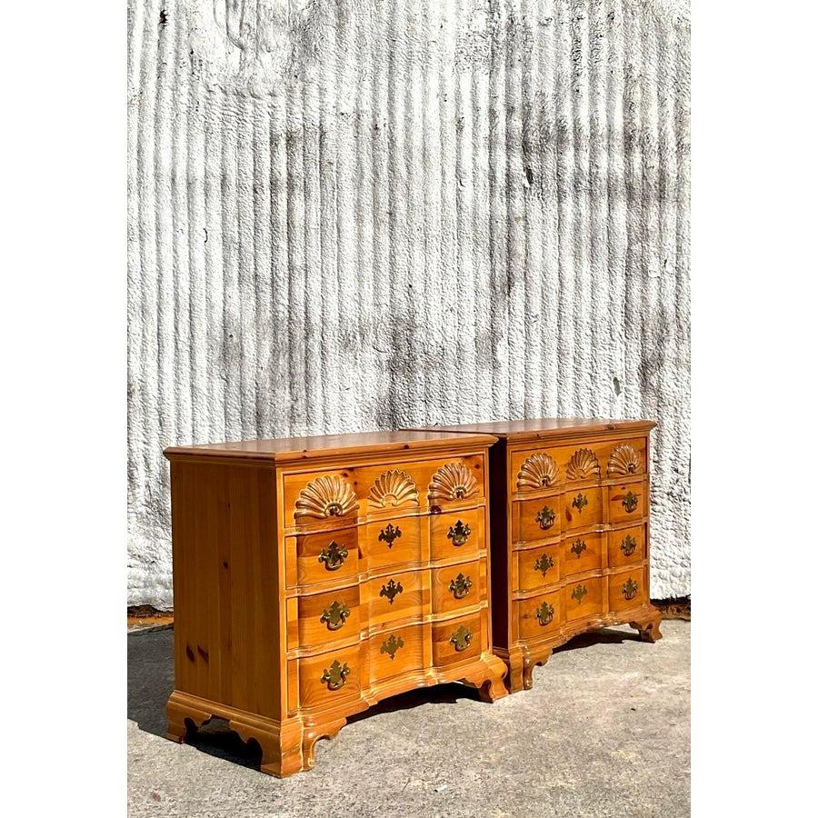 Vintage Boho Link Taylor Carved Shell Pine Chest of Drawers - a Pair In Good Condition For Sale In west palm beach, FL