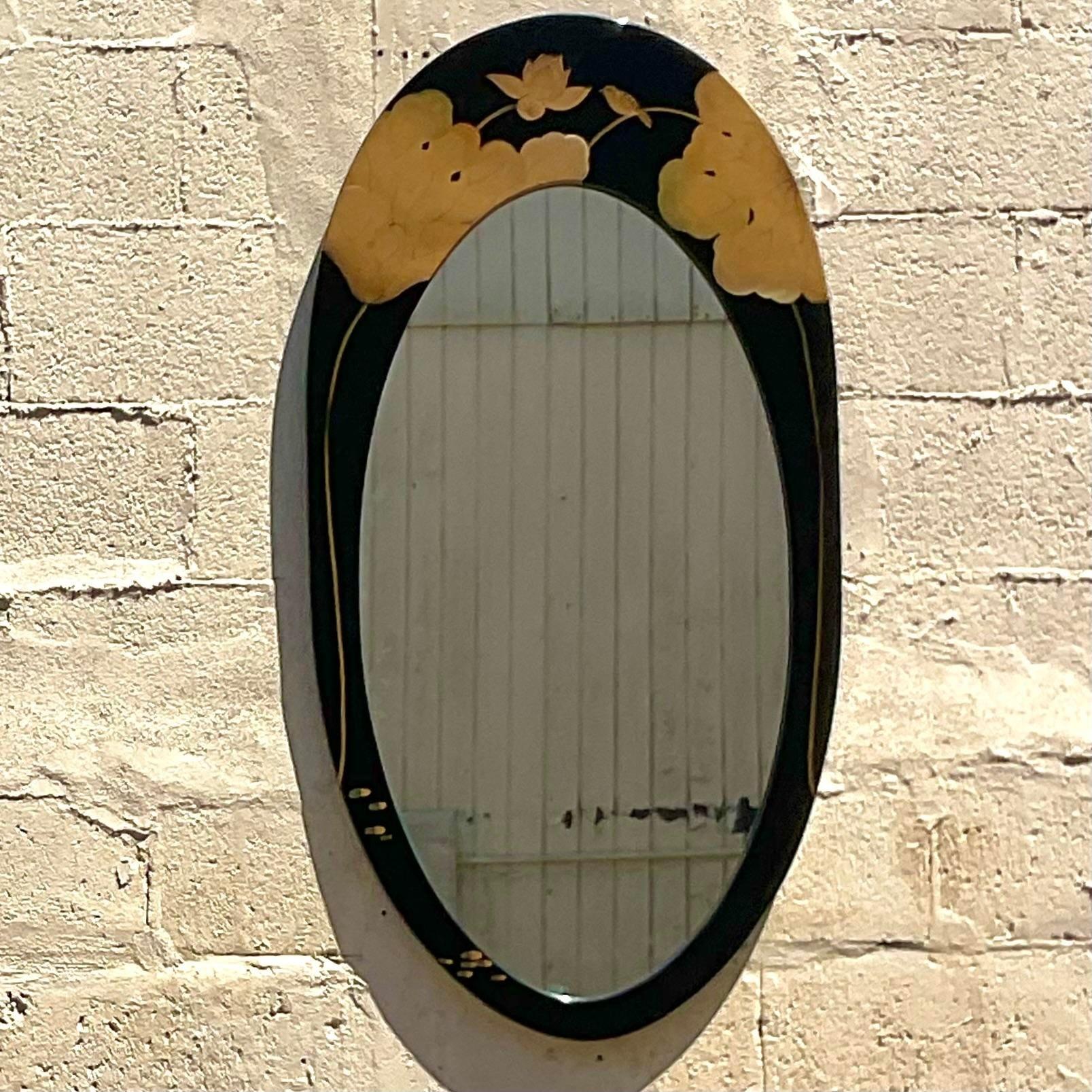American Vintage Boho Lotus Blossom Lacquered Mirror For Sale
