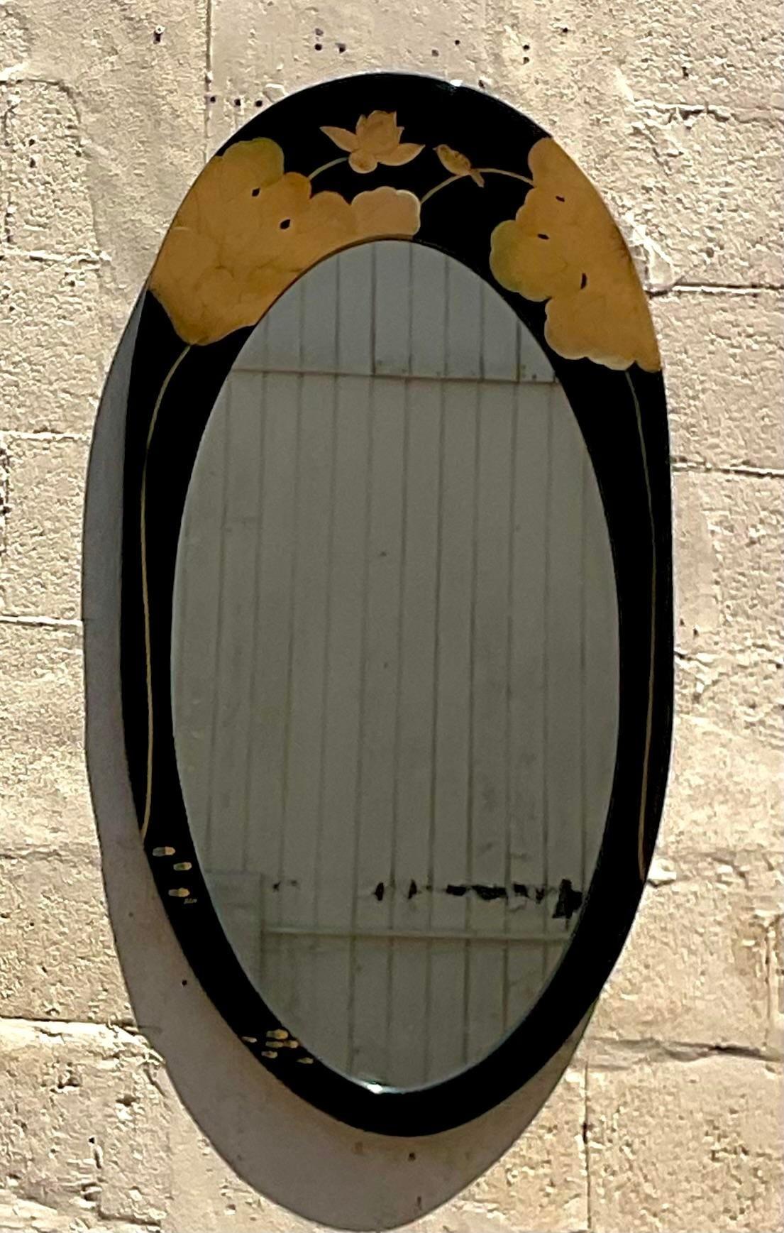 Vintage Boho Lotus Blossom Lacquered Mirror In Good Condition For Sale In west palm beach, FL