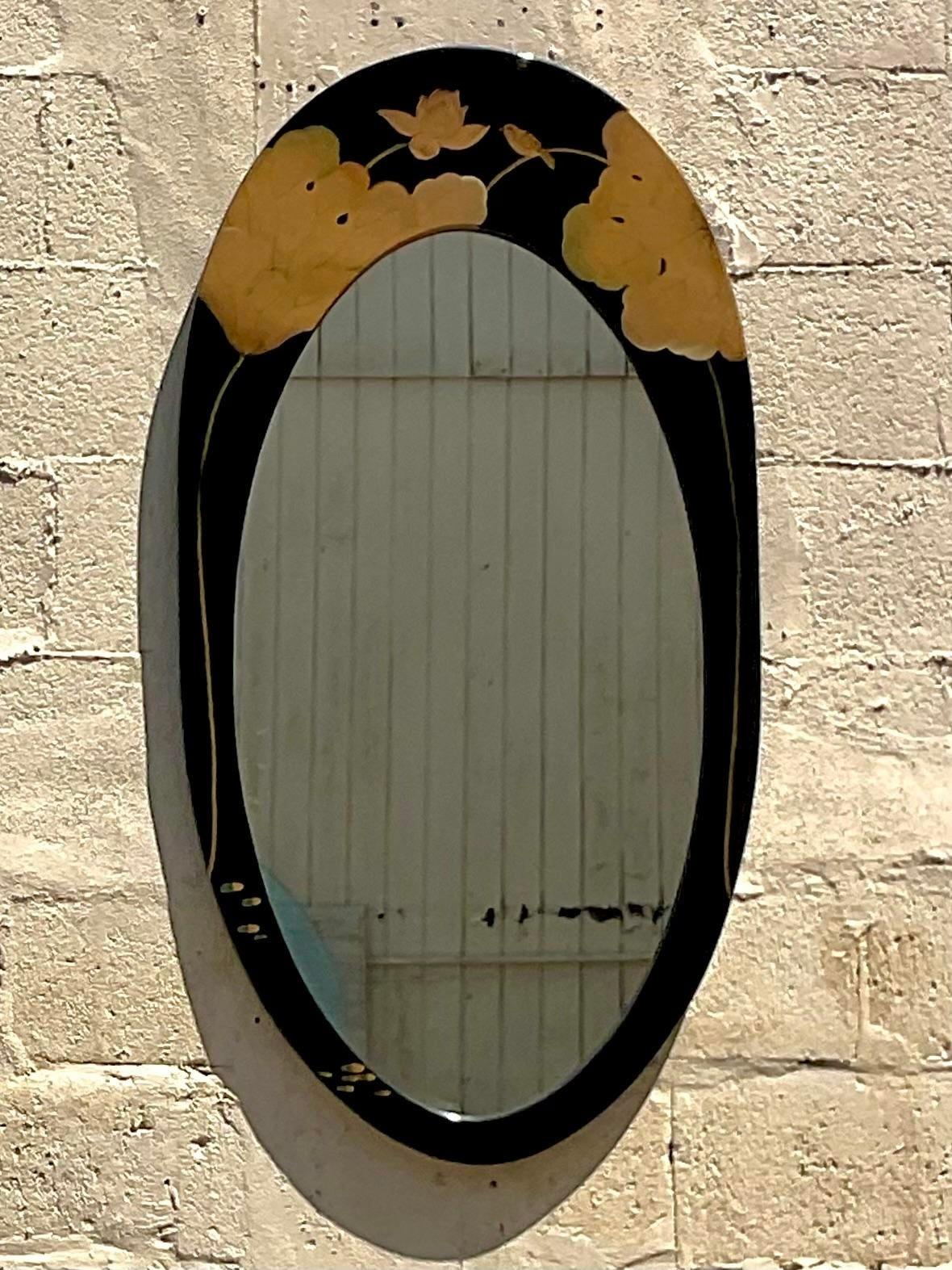 20th Century Vintage Boho Lotus Blossom Lacquered Mirror For Sale