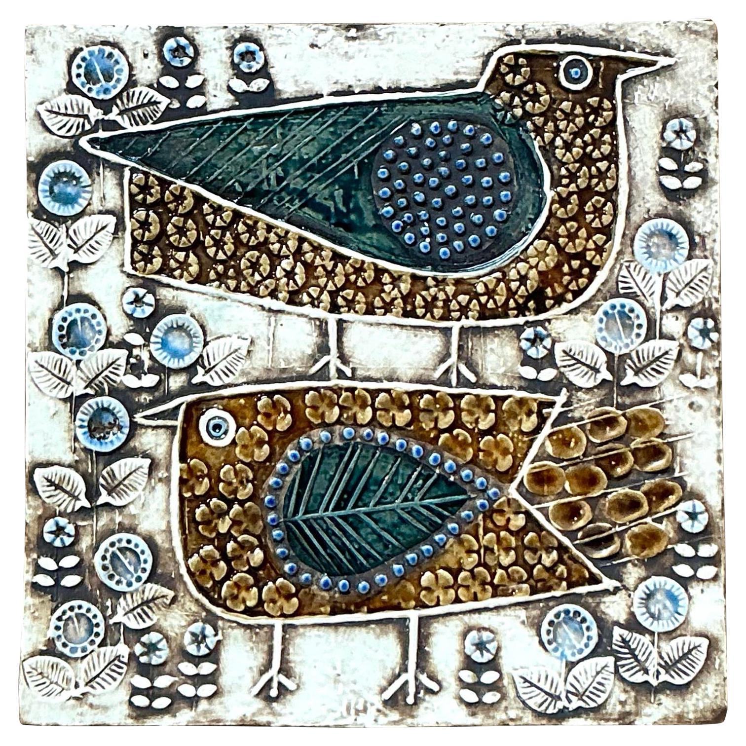 Vintage Boho Love Birds Original Studio Pottery Tile