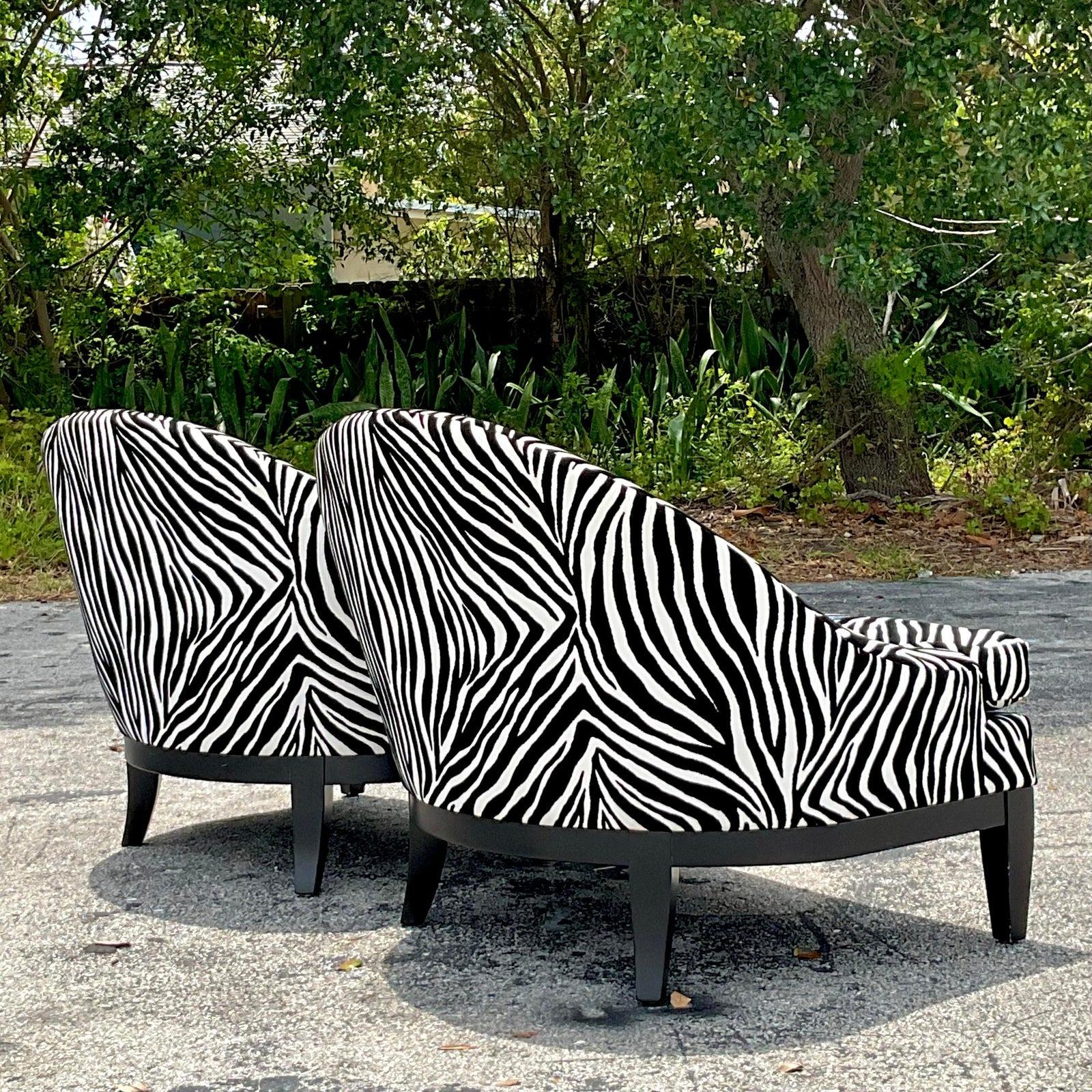 North American Vintage Boho Low Slung Zebra Lounge Chairs - a Pair For Sale