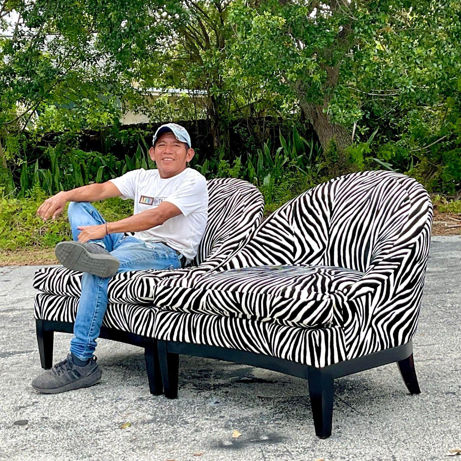 Vintage Boho Low Slung Zebra Lounge Chairs - a Pair In Good Condition For Sale In west palm beach, FL