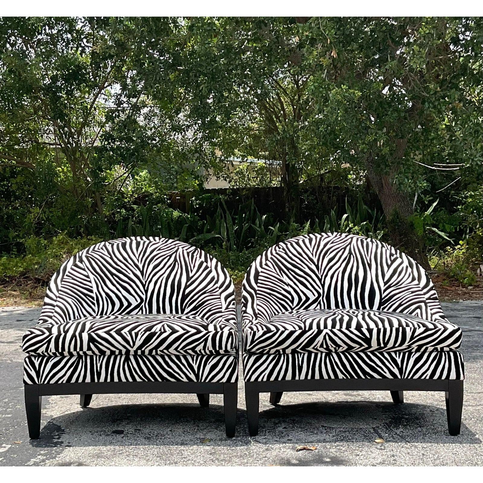 20th Century Vintage Boho Low Slung Zebra Lounge Chairs - a Pair For Sale