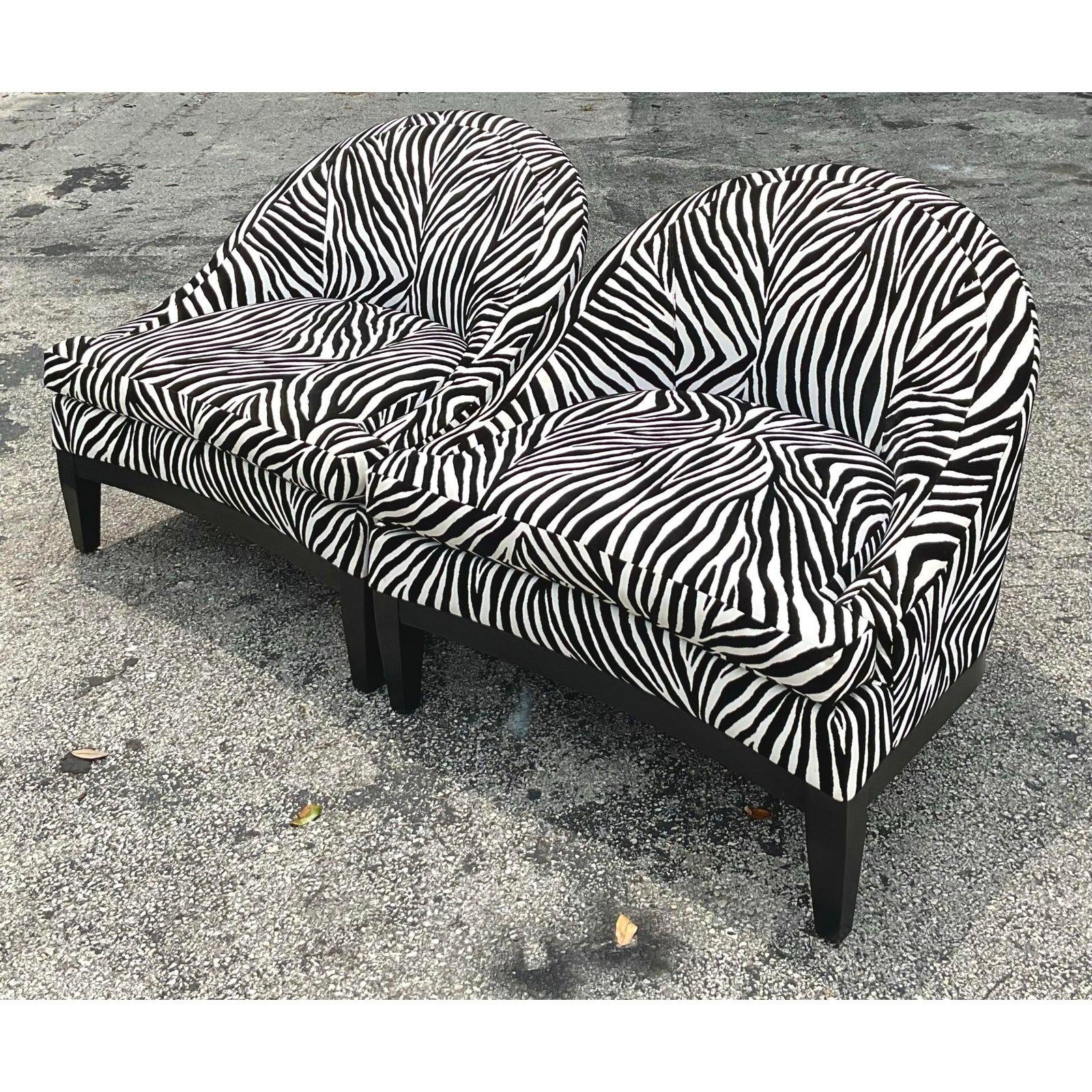Vintage Boho Low Slung Zebra Lounge Chairs - a Pair For Sale 1