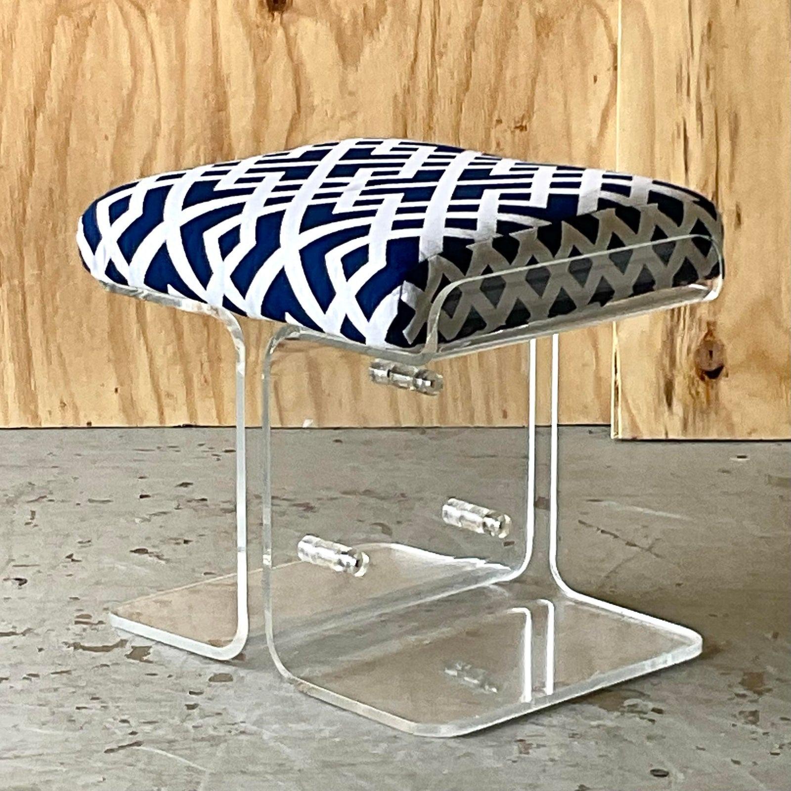 Upholstery Vintage Boho Lucite and Chrome Bench