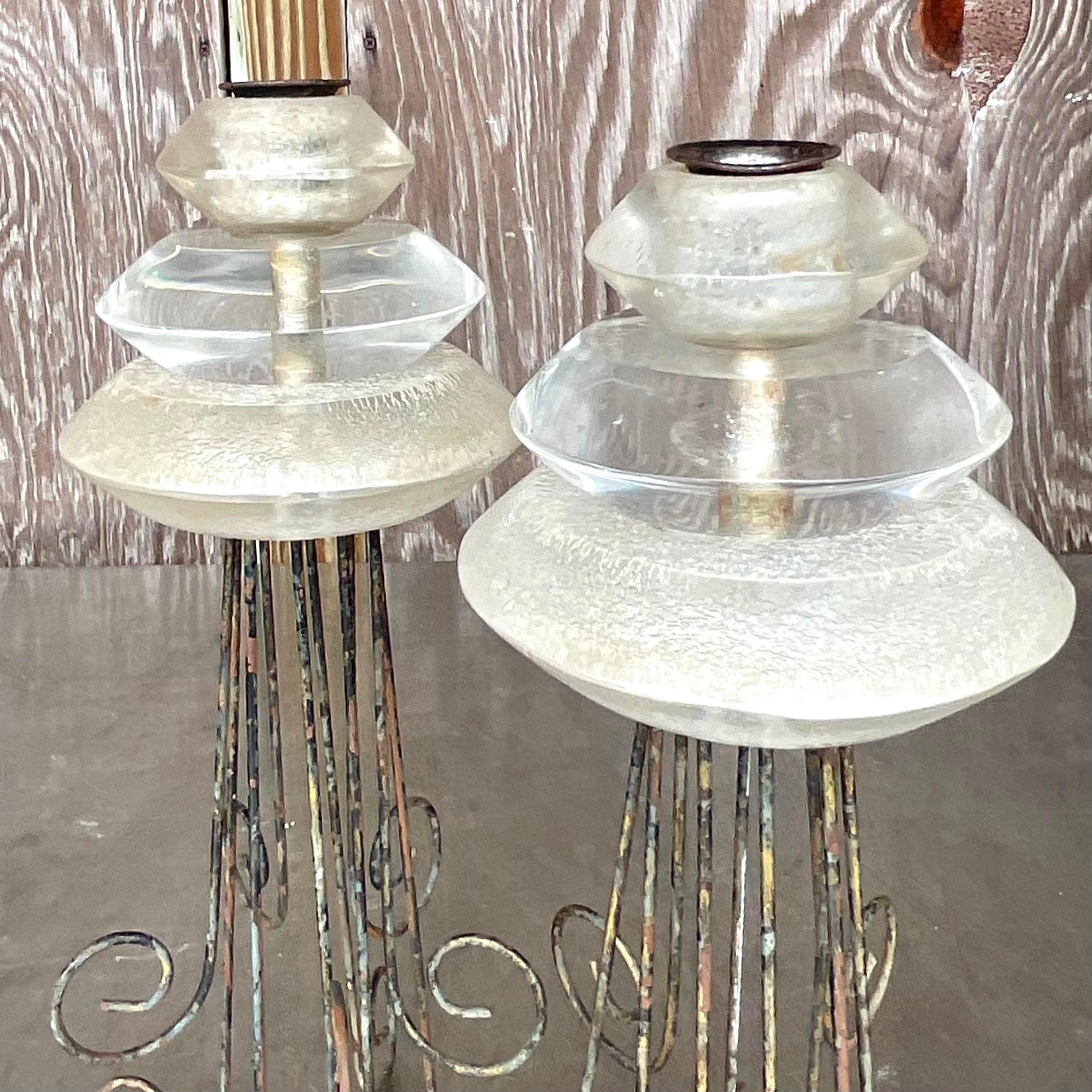 Mid-Century Modern Vintage Boho Lucite and Metal Scroll Candlesticks - Set of 2 For Sale