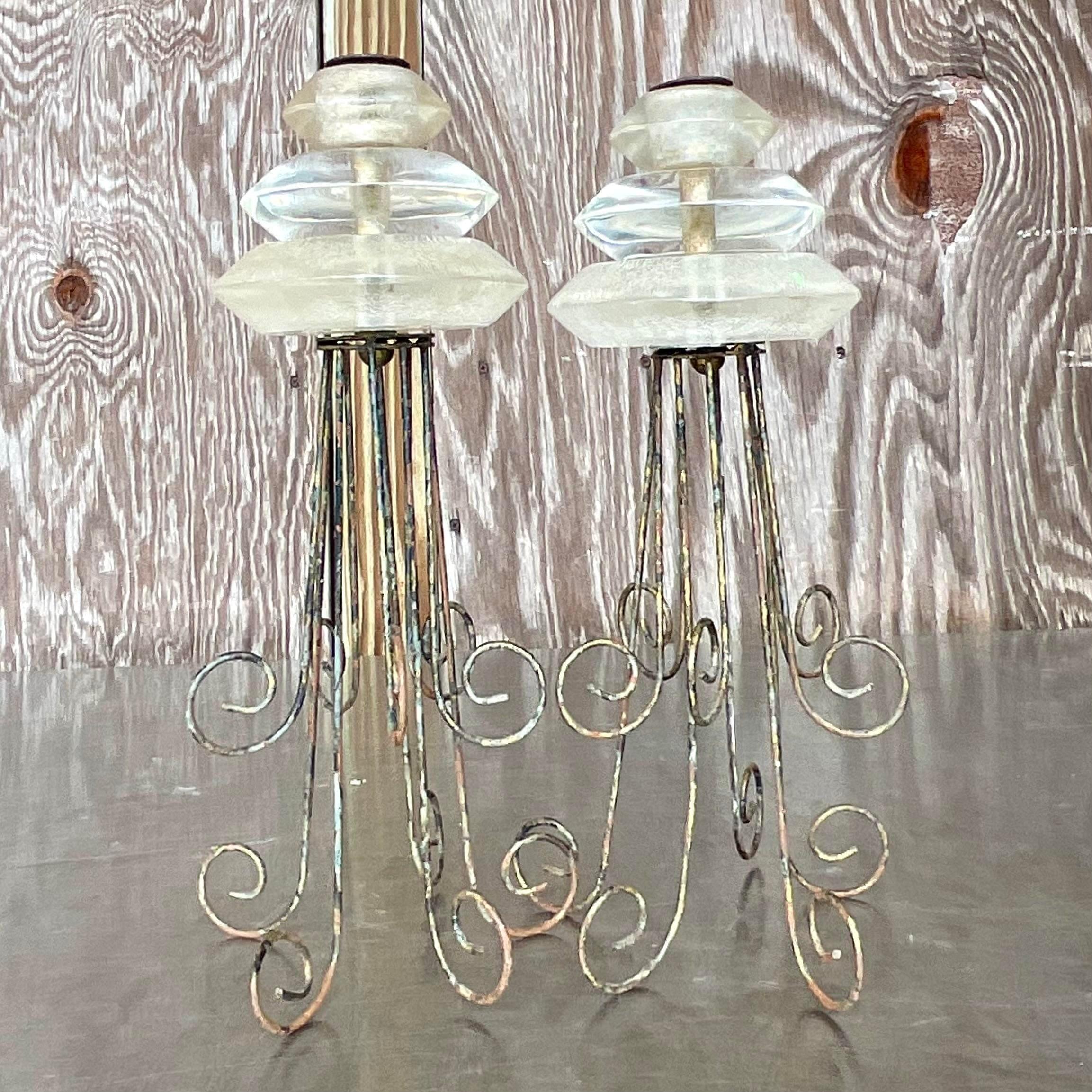 American Vintage Boho Lucite and Metal Scroll Candlesticks - Set of 2 For Sale