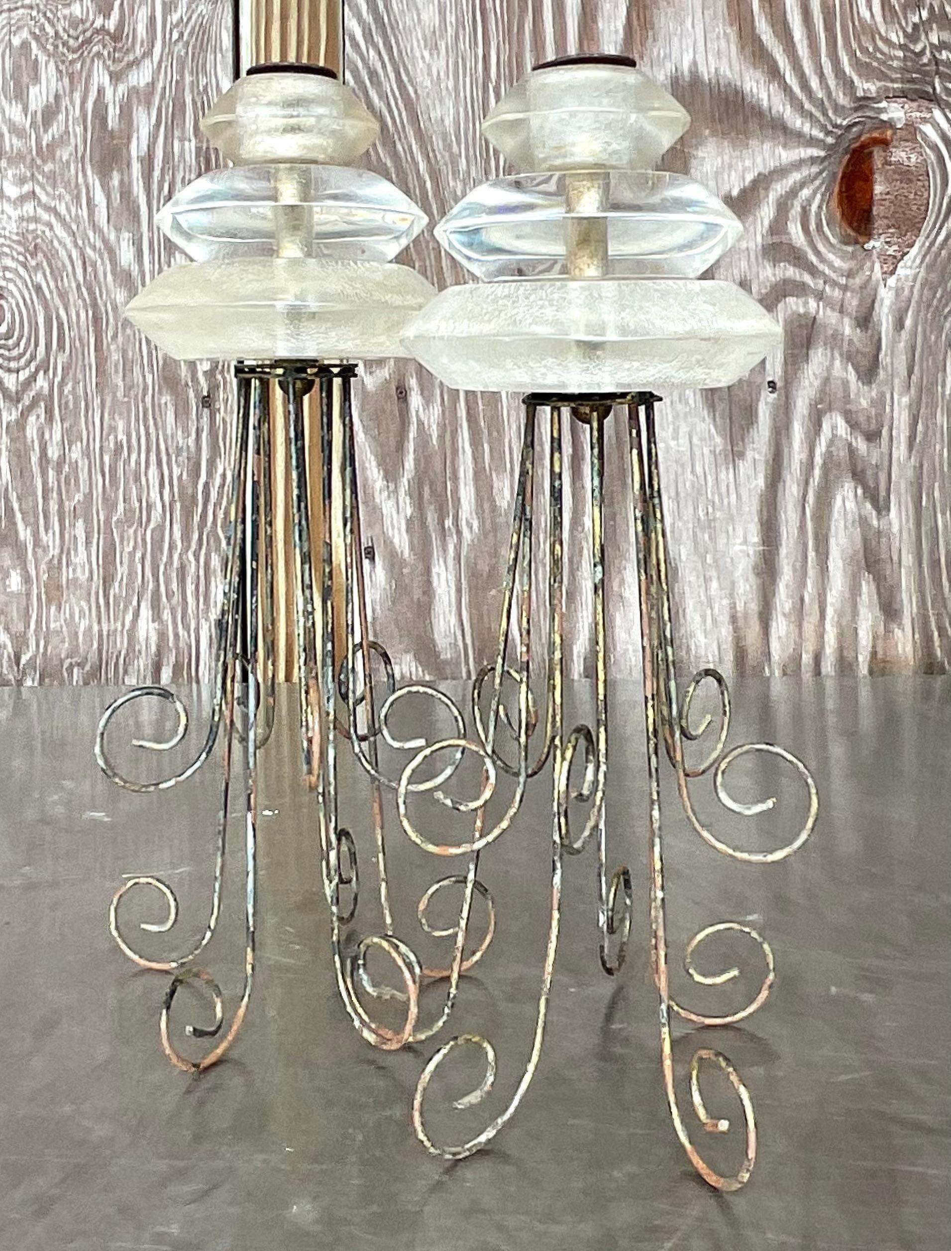 Vintage Boho Lucite and Metal Scroll Candlesticks - Set of 2 In Good Condition For Sale In west palm beach, FL