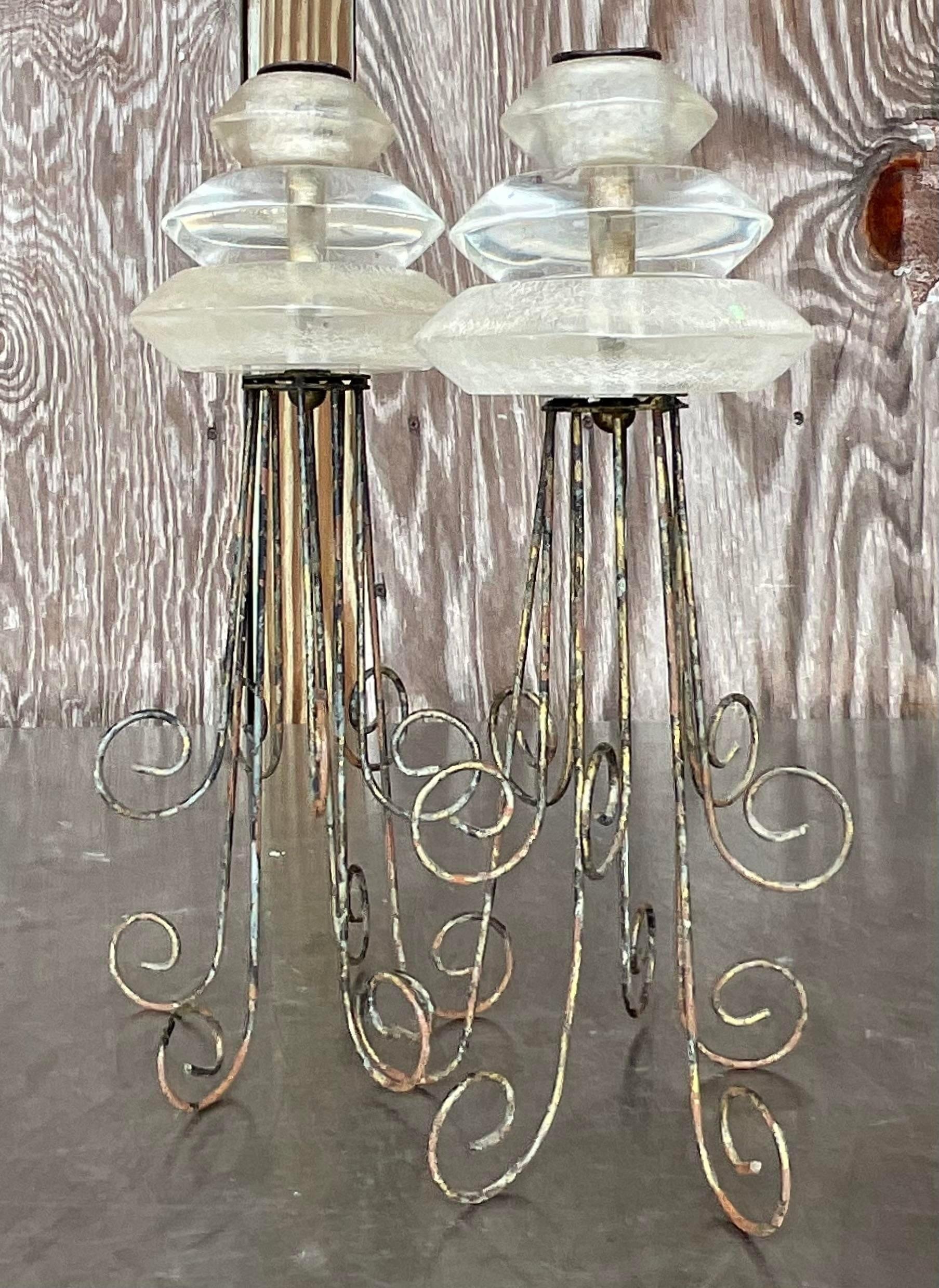 20th Century Vintage Boho Lucite and Metal Scroll Candlesticks - Set of 2 For Sale