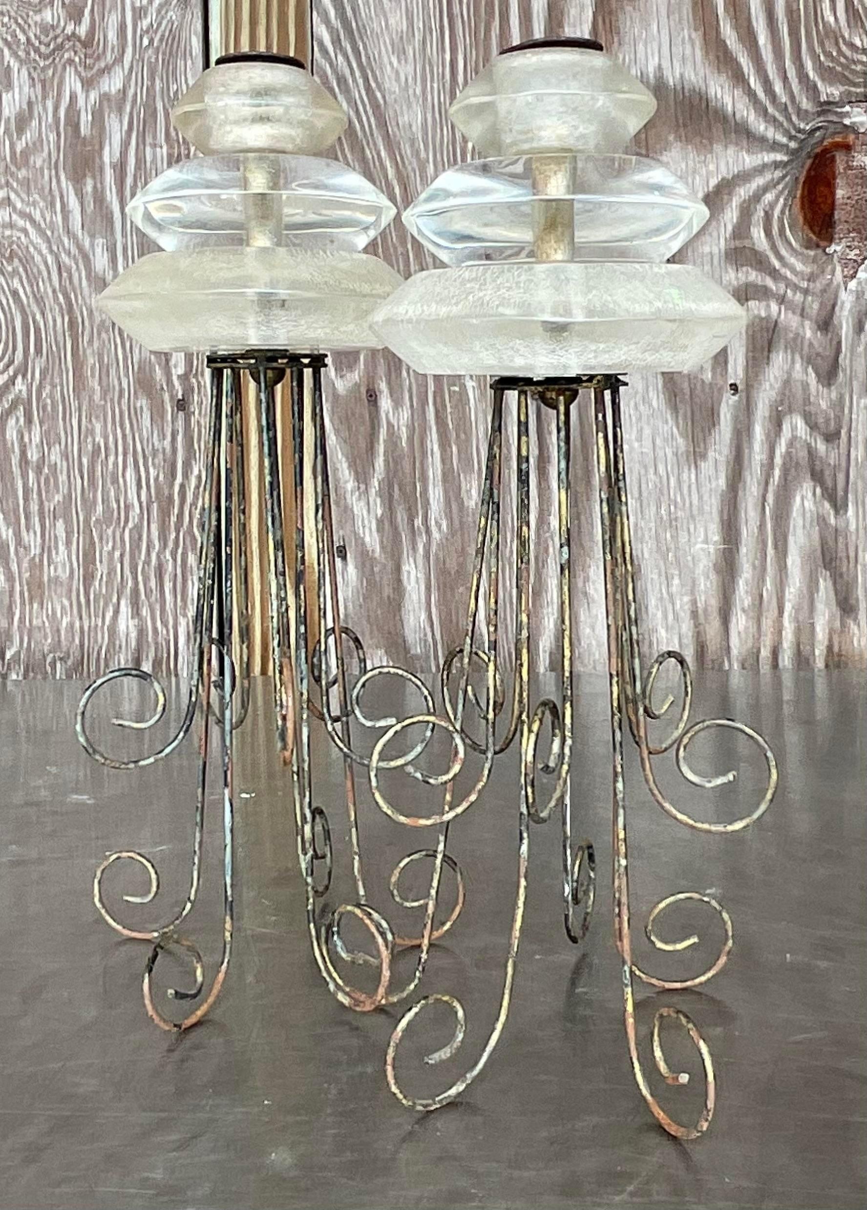 Vintage Boho Lucite and Metal Scroll Candlesticks - Set of 2 For Sale 1