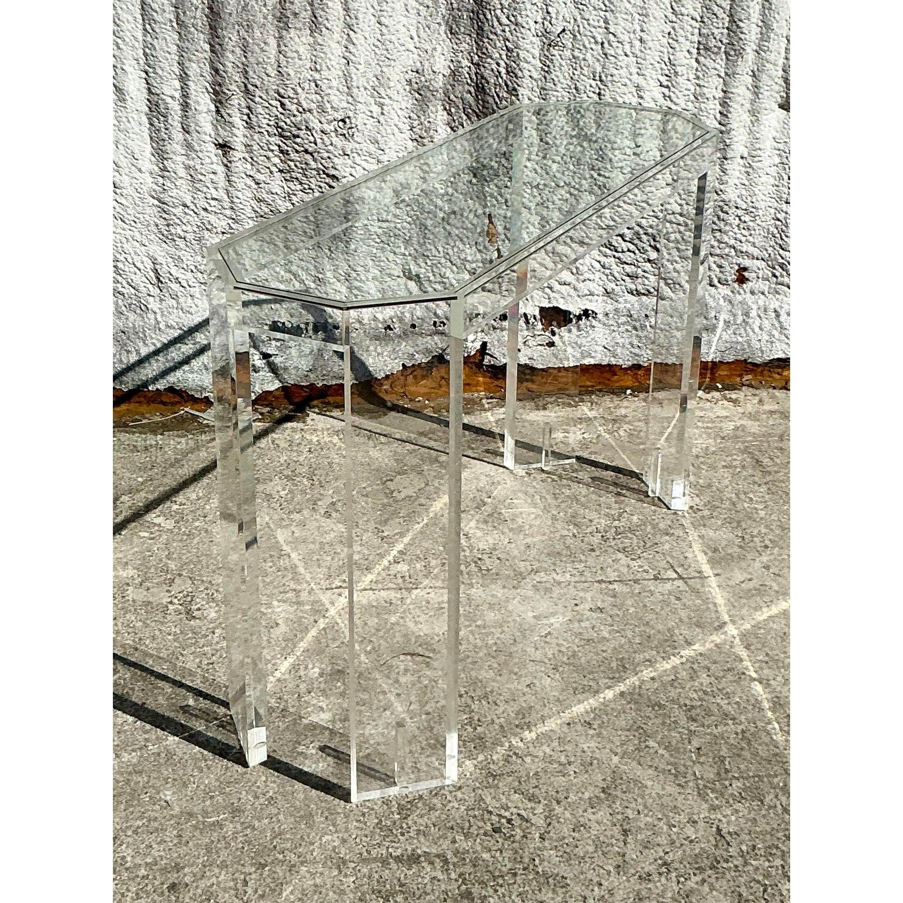 Modern Vintage Boho Lucite Console Table For Sale