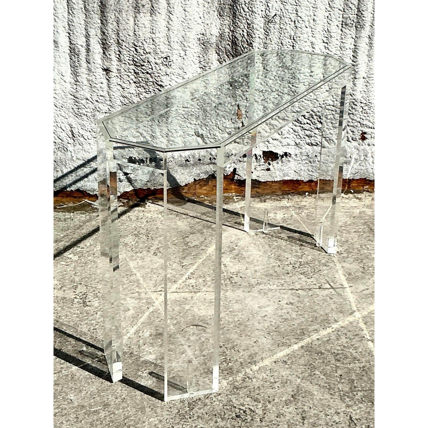 Glass Vintage Boho Lucite Console Table For Sale