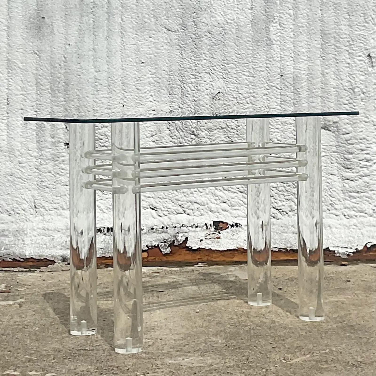North American Vintage Boho Lucite Rod Console Table For Sale