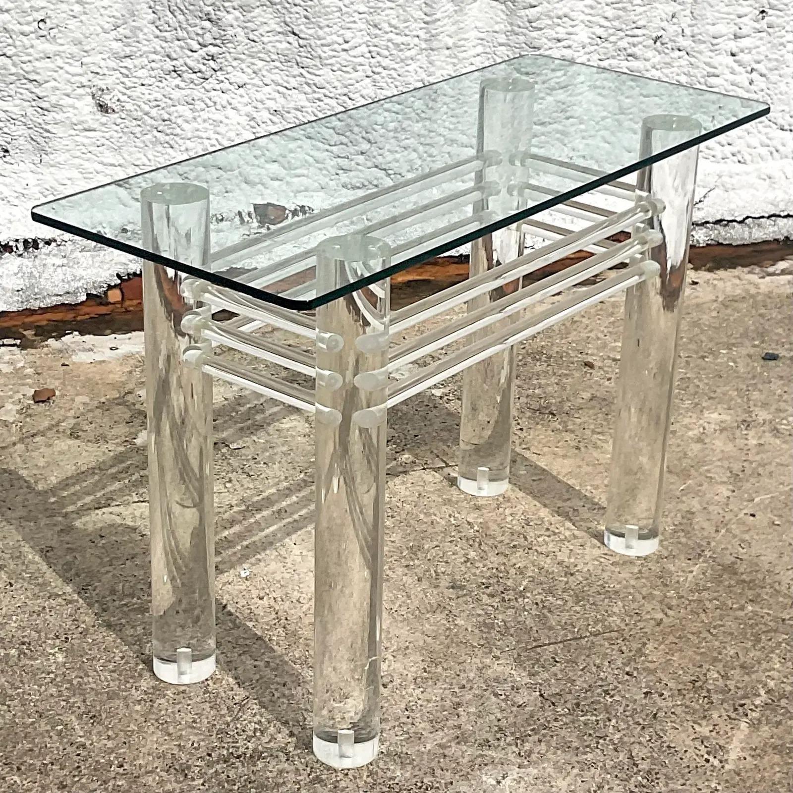 20th Century Vintage Boho Lucite Rod Console Table For Sale