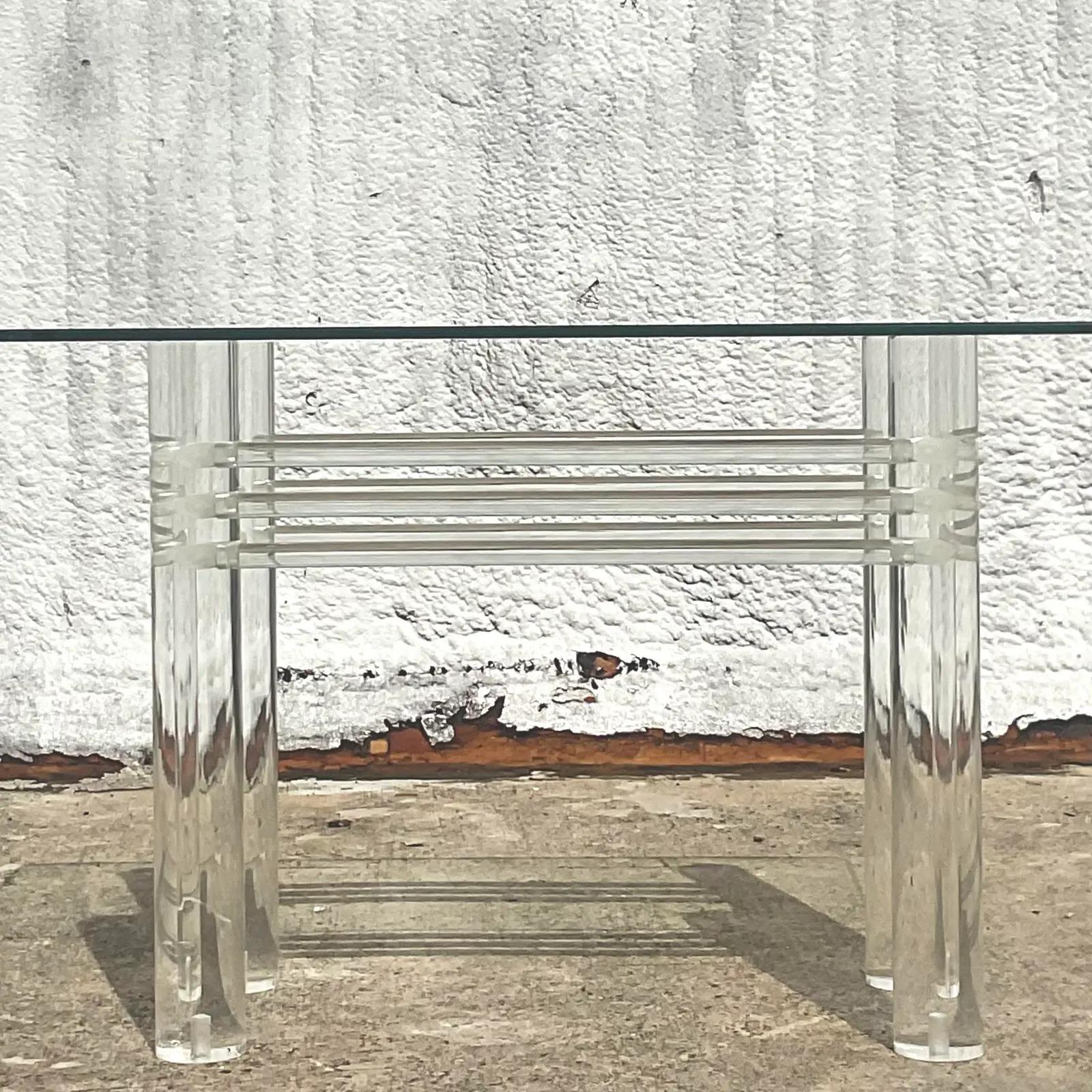 Glass Vintage Boho Lucite Rod Console Table For Sale