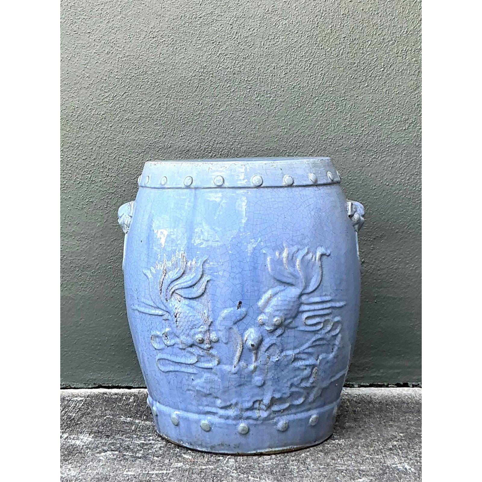 Vintage Boho Lucky Fish Glazed Ceramic Low Stool (Chinesisch) im Angebot