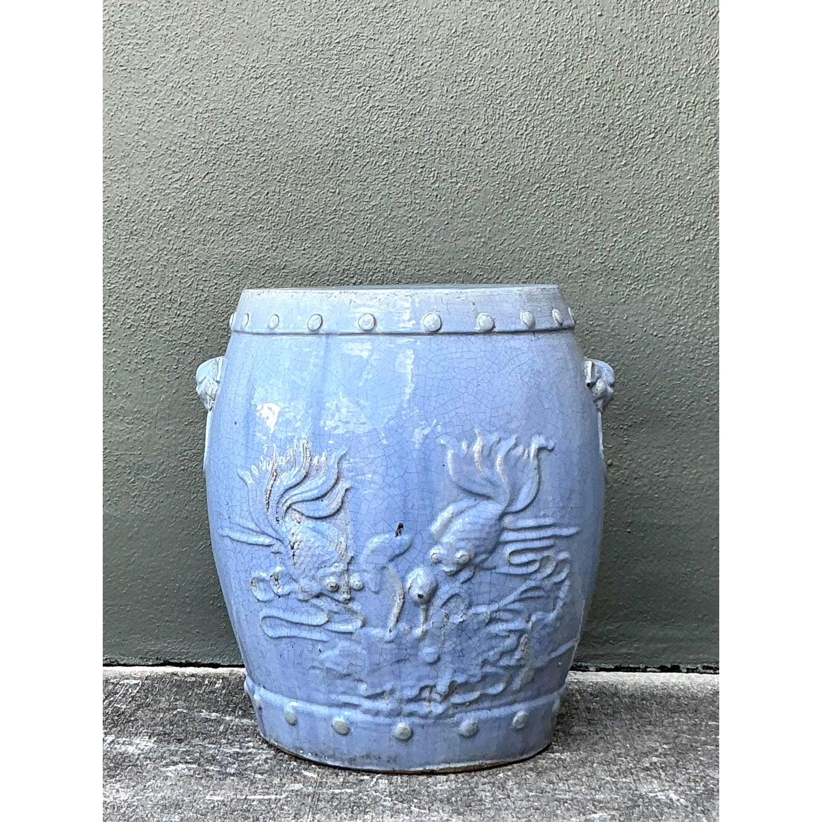 Vintage Boho Lucky Fish Glazed Ceramic Low Stool (20. Jahrhundert) im Angebot