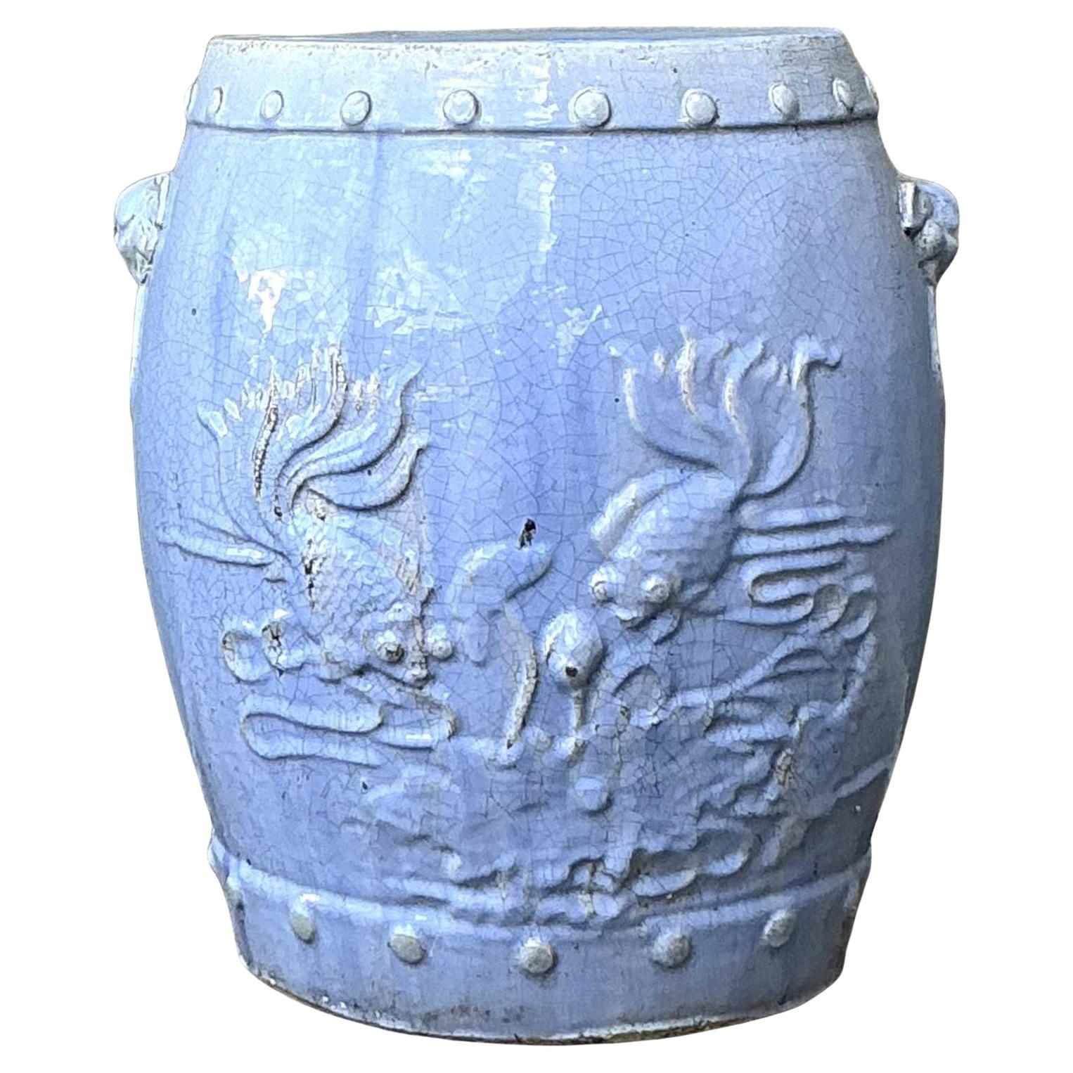 Vintage Boho Lucky Fish Glazed Ceramic Low Stool