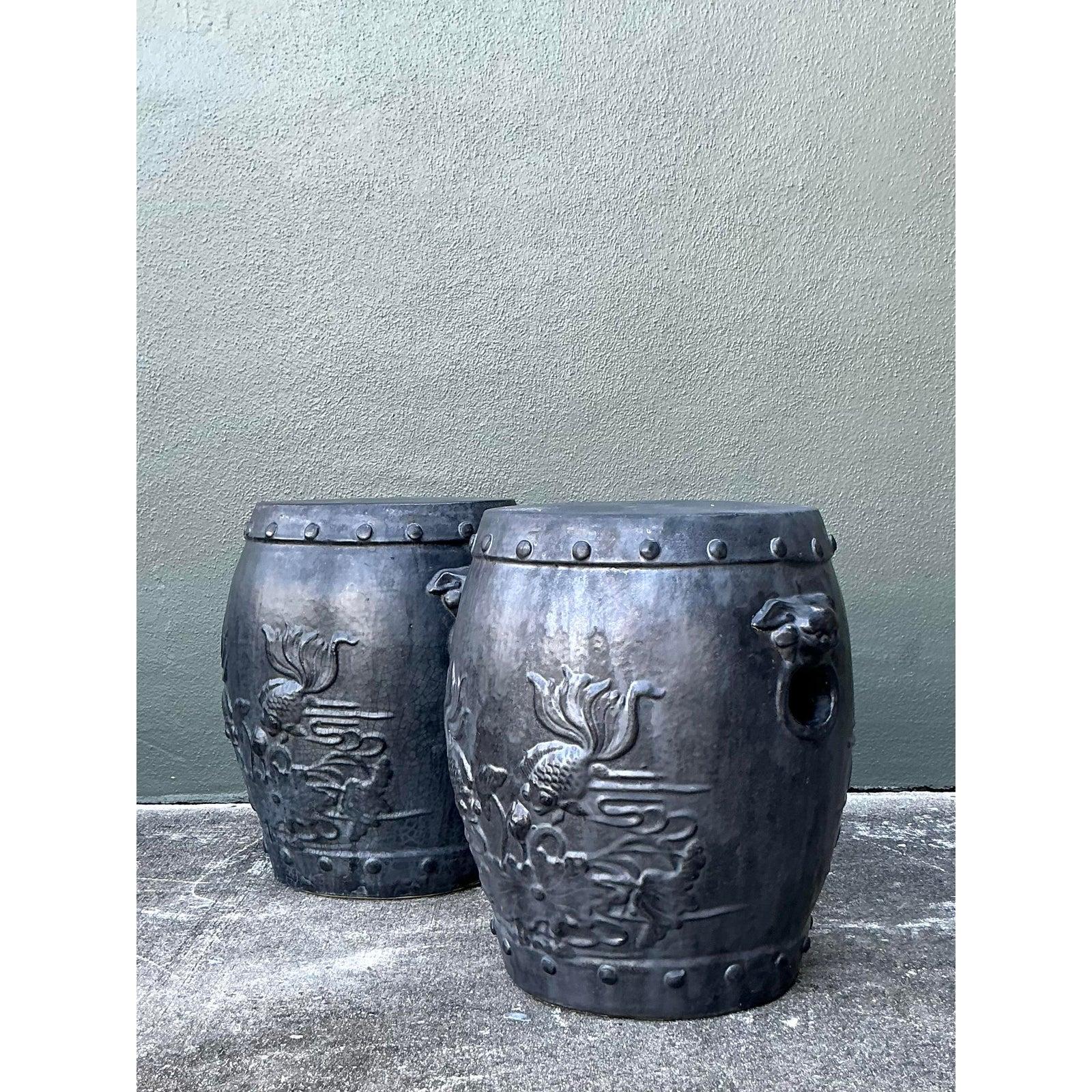 Vintage Boho Lucky Fish Matte Ceramic Low Stools - A Pair en venta 3