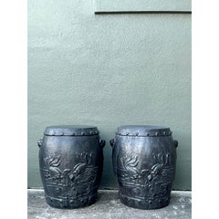 Vintage Boho Lucky Fish Matte Ceramic Low Stools - A Pair